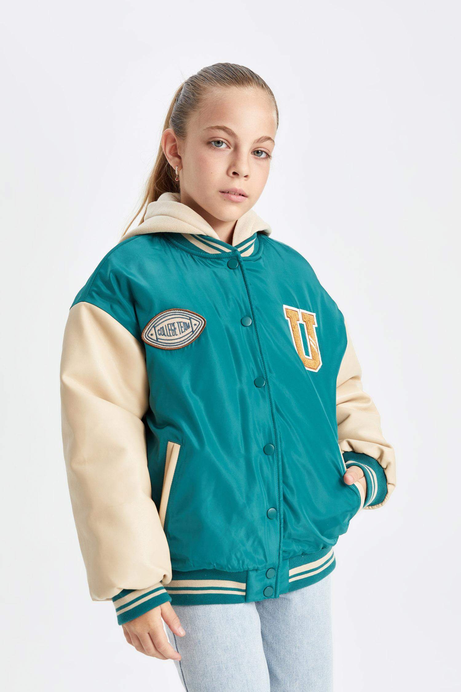 Girl Removable Hooded College Collar Bomber Jacket
