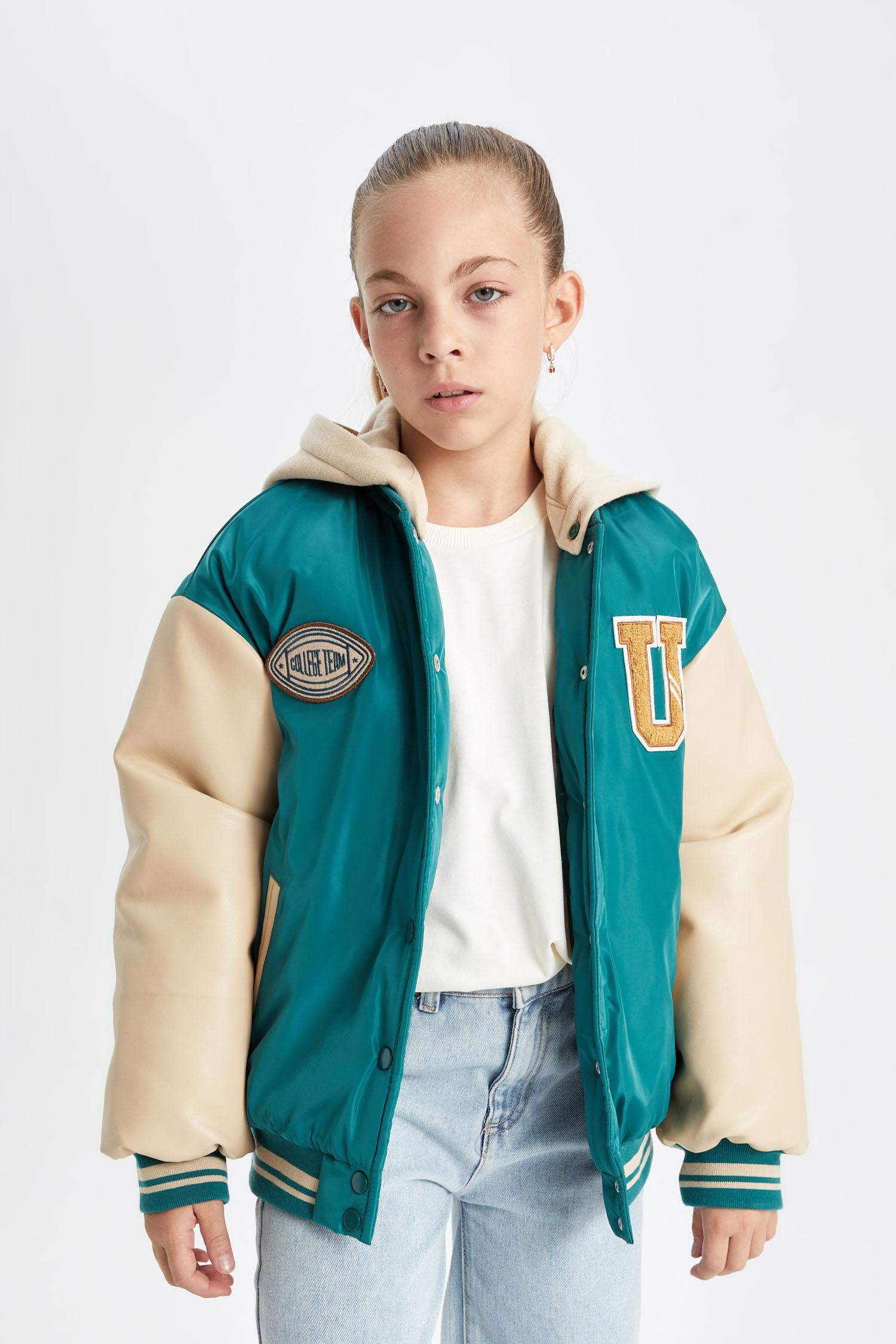 Girl Removable Hooded College Collar Bomber Jacket