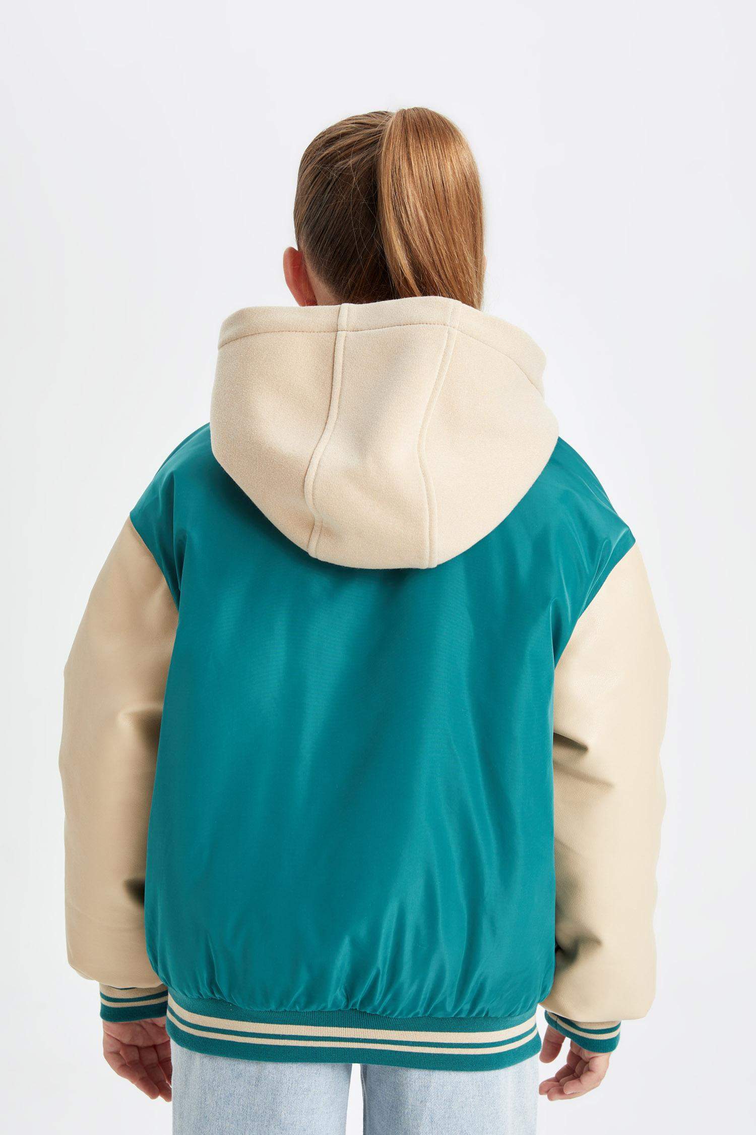 Girl Removable Hooded College Collar Bomber Jacket