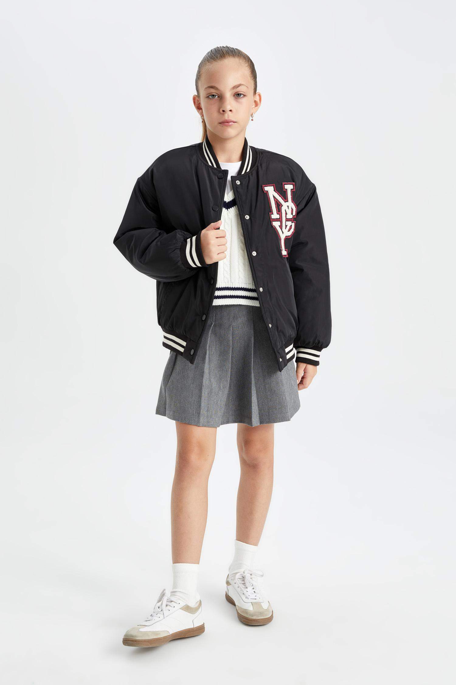 Kız Çocuk Su Geçirmez Kolej Yaka Çıtçıtlı Cepli Bomber Mont