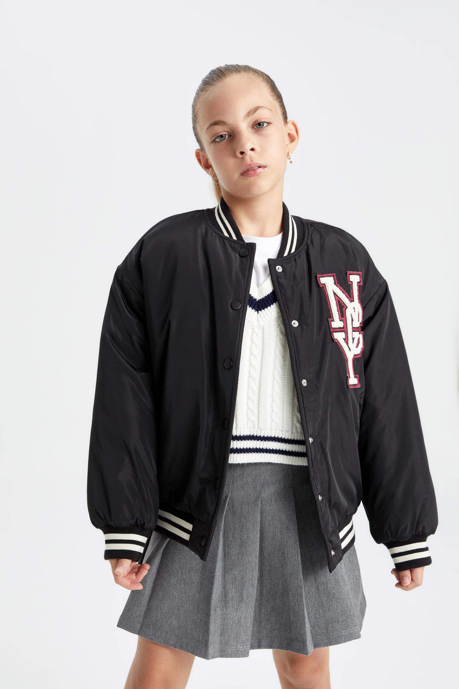 Kız Çocuk Su Geçirmez Kolej Yaka Çıtçıtlı Cepli Bomber Mont