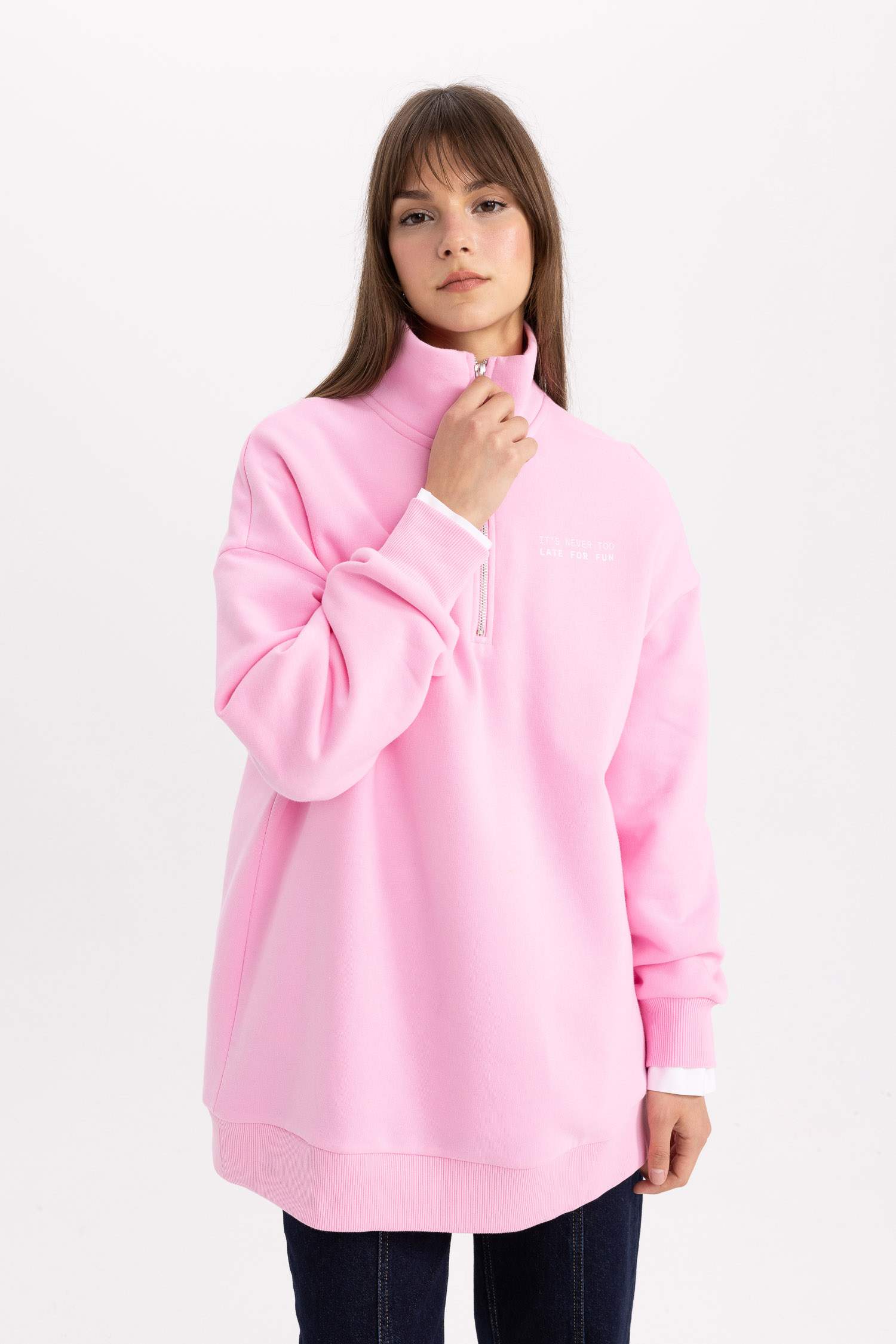 Sweat-shirt Tunique coupe régulière imprimée à Col Polo et Intérieur en Fourrure Douce