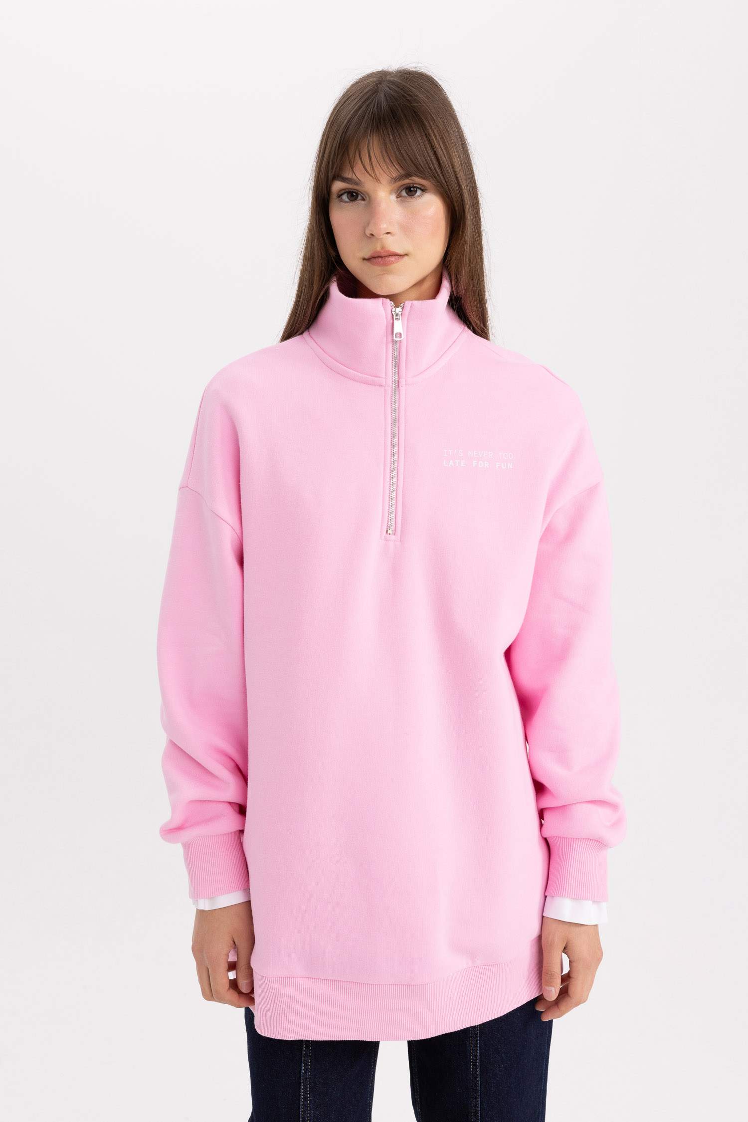 Sweat-shirt Tunique coupe régulière imprimée à Col Polo et Intérieur en Fourrure Douce