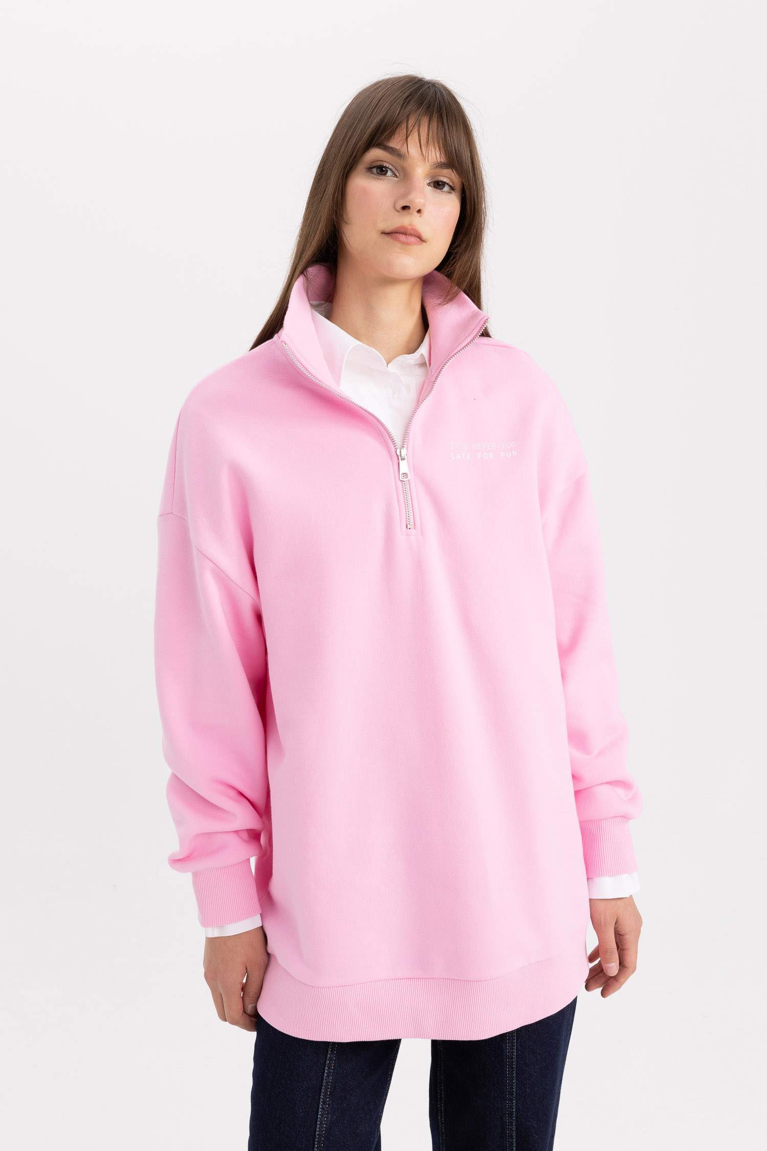 Sweat-shirt Tunique coupe régulière imprimée à Col Polo et Intérieur en Fourrure Douce