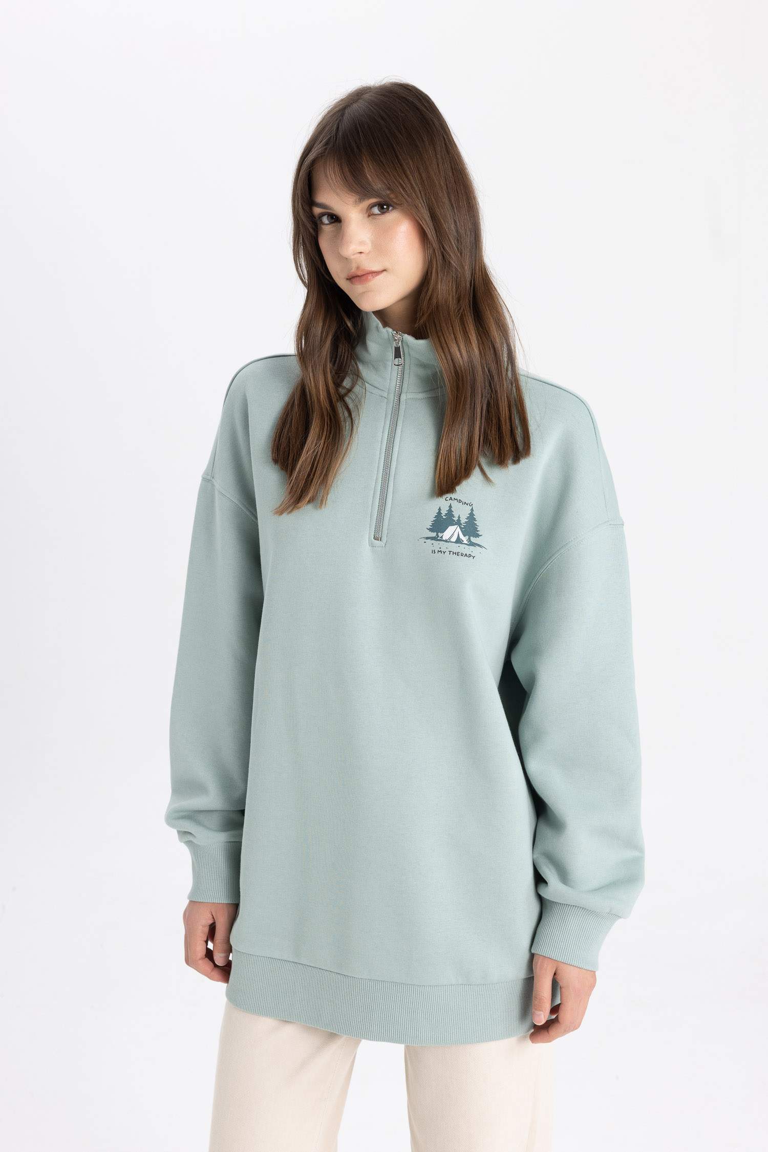 Sweat-shirt Tunique coupe régulière imprimée à Col Polo et Intérieur en Fourrure Douce