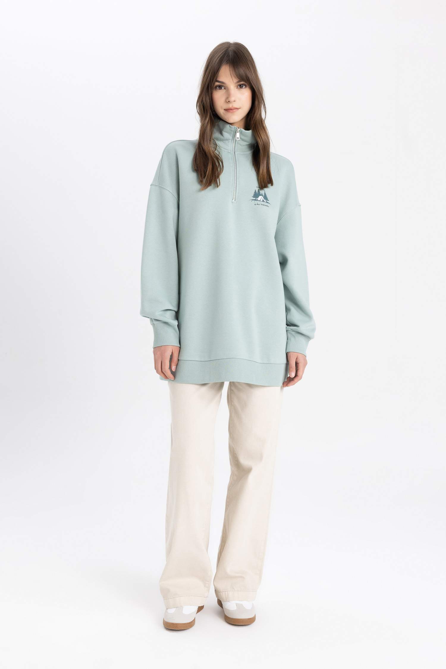 Sweat-shirt Tunique coupe régulière imprimée à Col Polo et Intérieur en Fourrure Douce