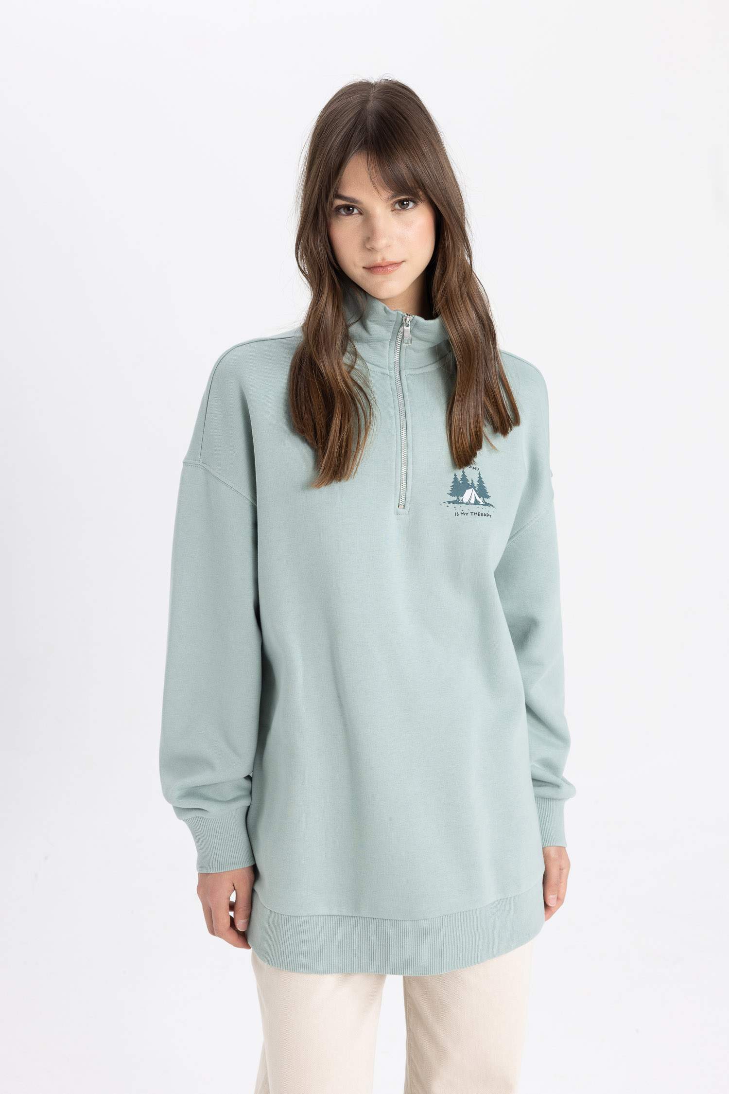 Sweat-shirt Tunique coupe régulière imprimée à Col Polo et Intérieur en Fourrure Douce