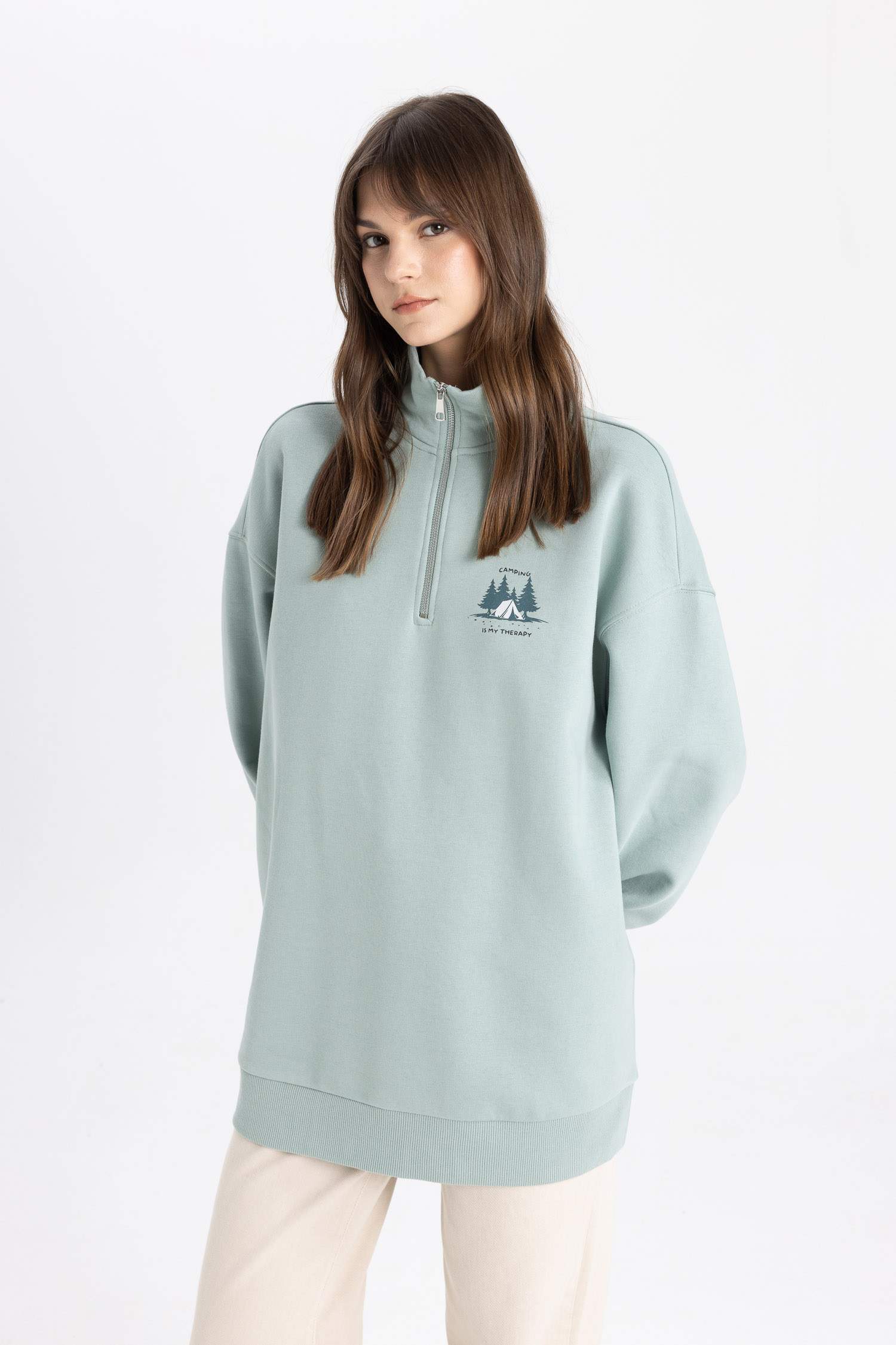 Sweat-shirt Tunique coupe régulière imprimée à Col Polo et Intérieur en Fourrure Douce