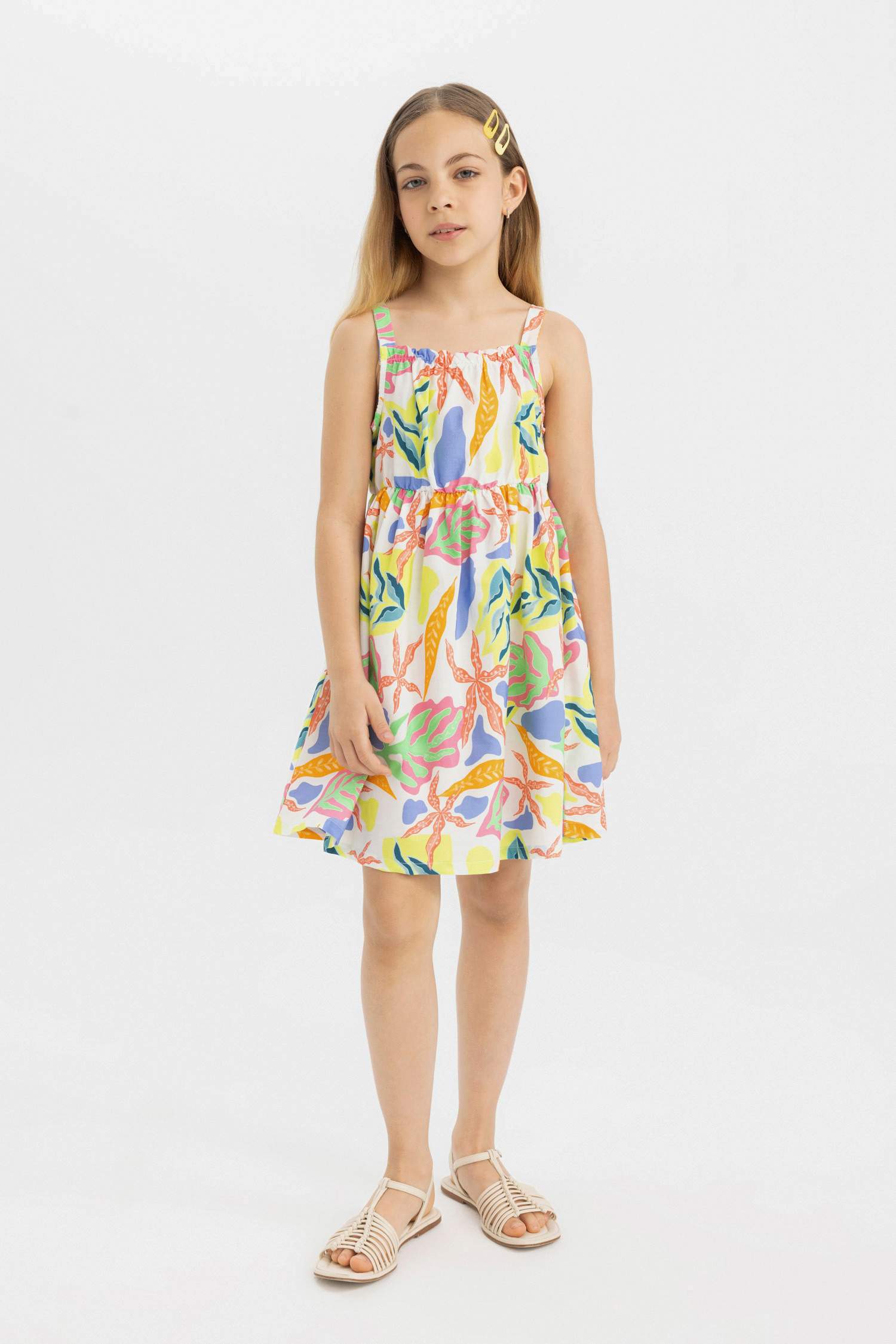 Kız Çocuk Desenli Kolsuz Poplin Elbise