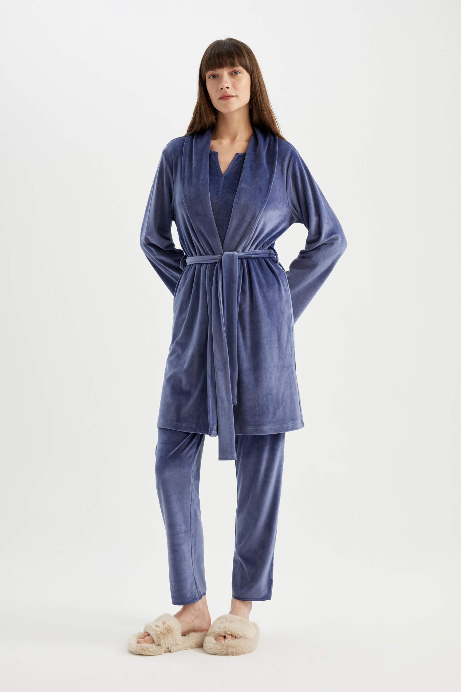 Wrap Yaka Velur Uzun Kollu Sabahlık-Fall in Love