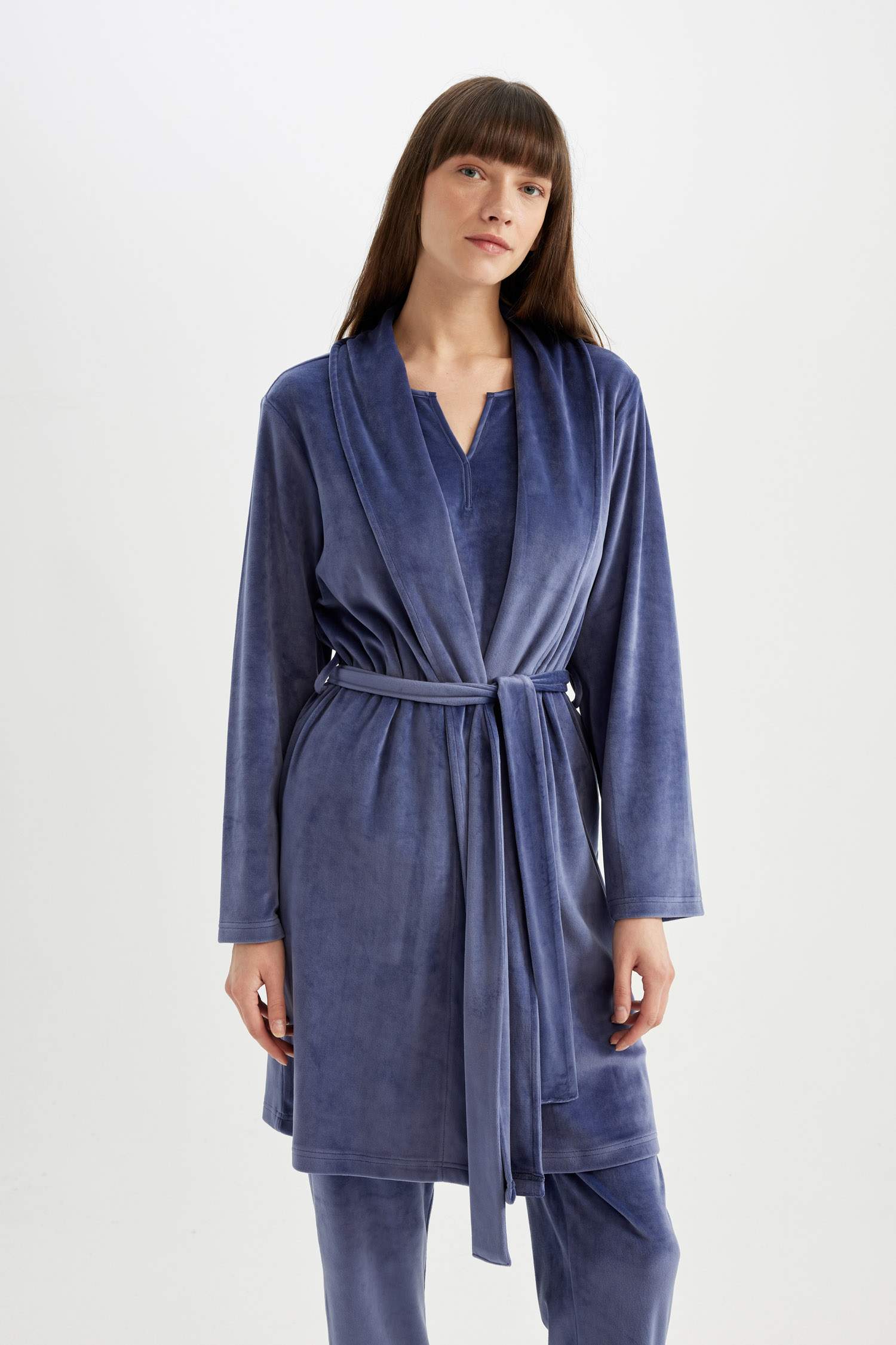 Wrap Yaka Velur Uzun Kollu Sabahlık-Fall in Love