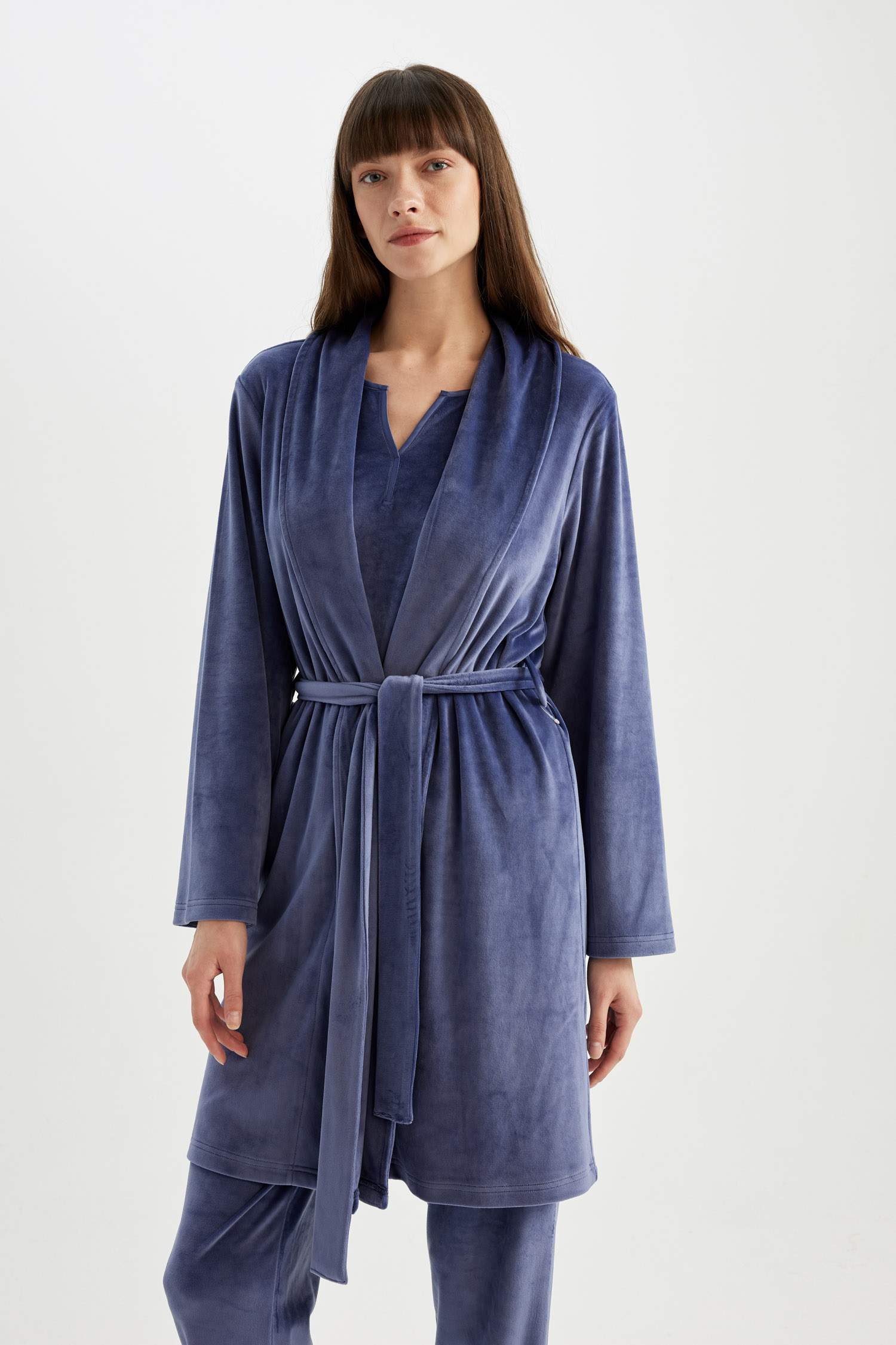 Wrap Yaka Velur Uzun Kollu Sabahlık-Fall in Love