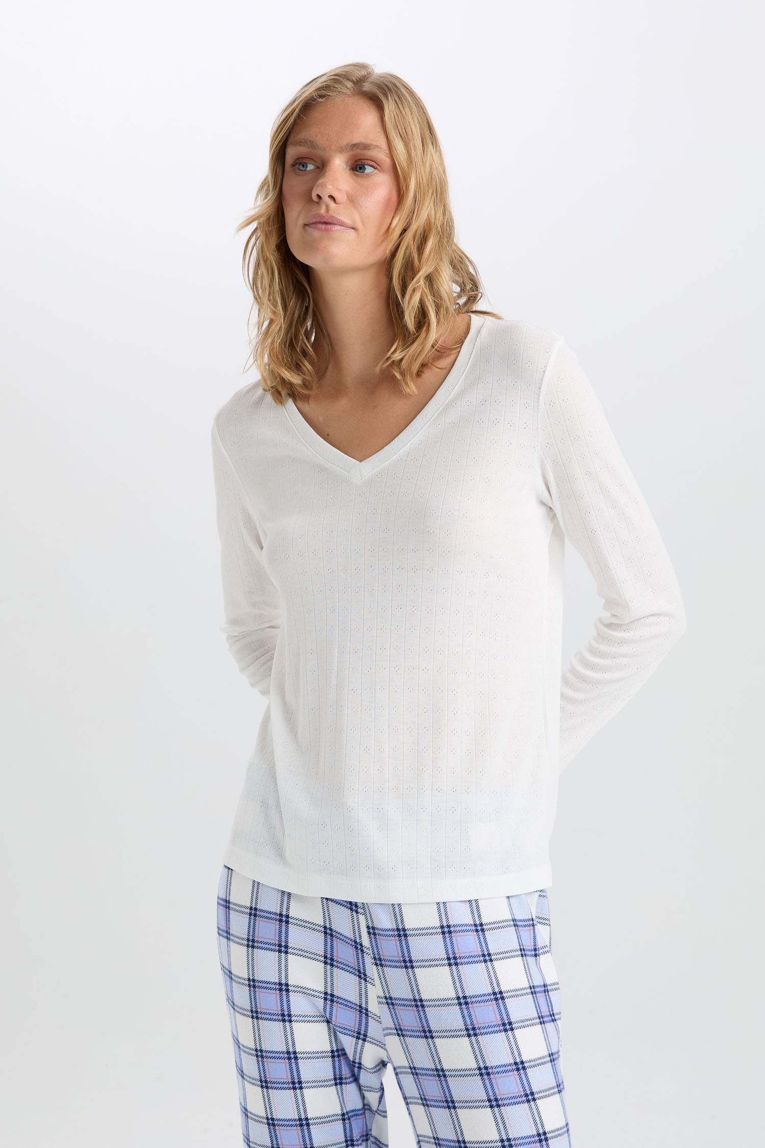 Pijama Takımı V Yaka Uzun Kollu Basic Düz Üst Kareli Beli Lastikli Alt