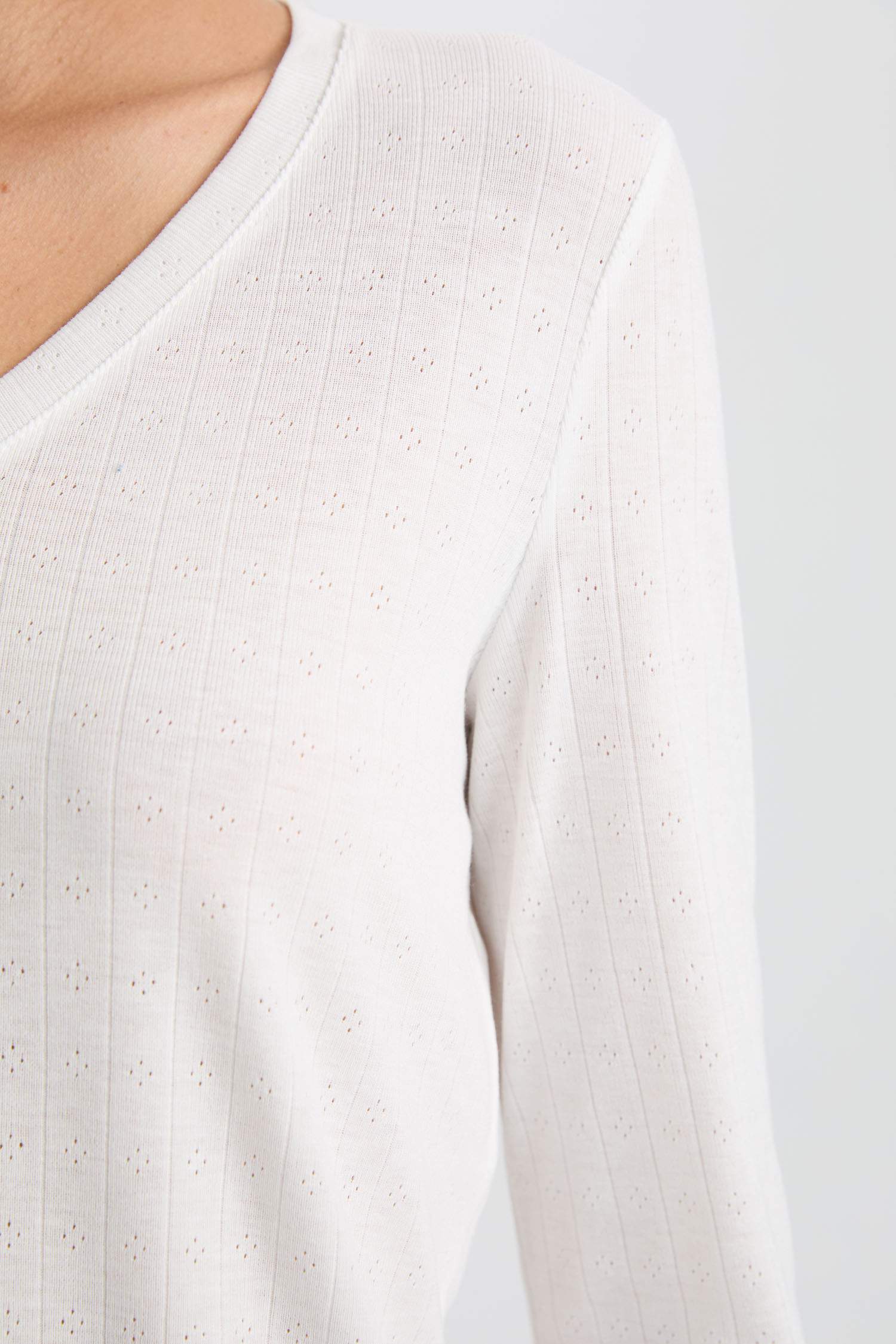 Pijama Takımı V Yaka Uzun Kollu Basic Düz Üst Kareli Beli Lastikli Alt