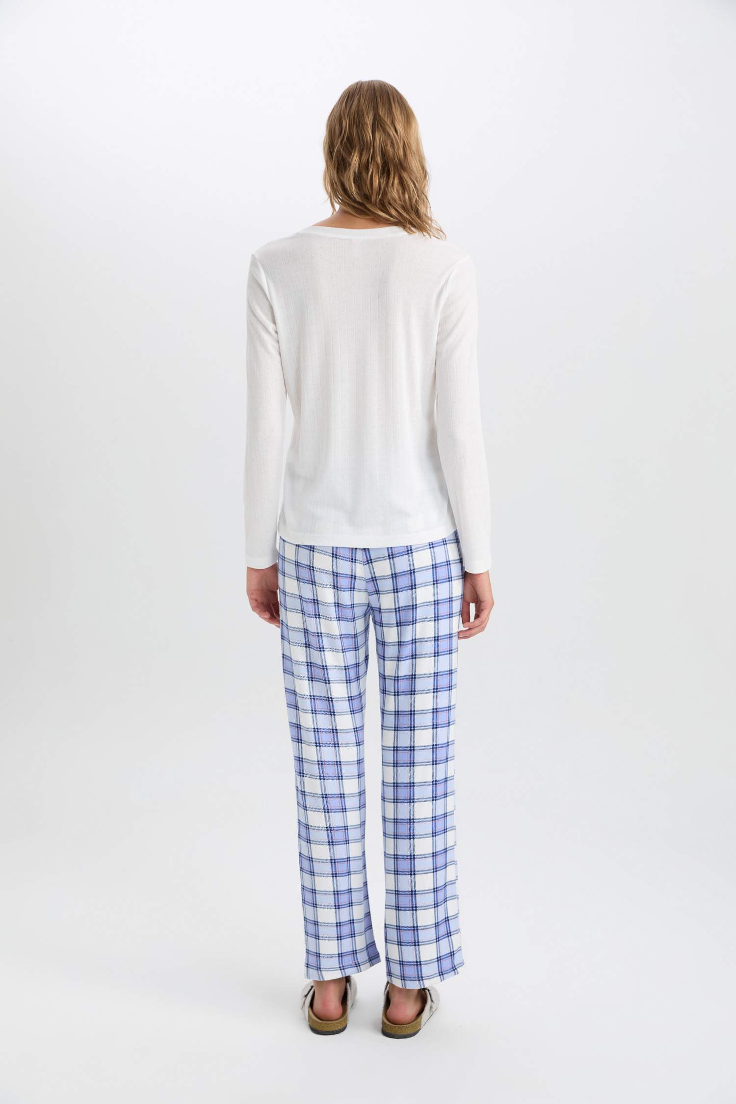 Pijama Takımı V Yaka Uzun Kollu Basic Düz Üst Kareli Beli Lastikli Alt