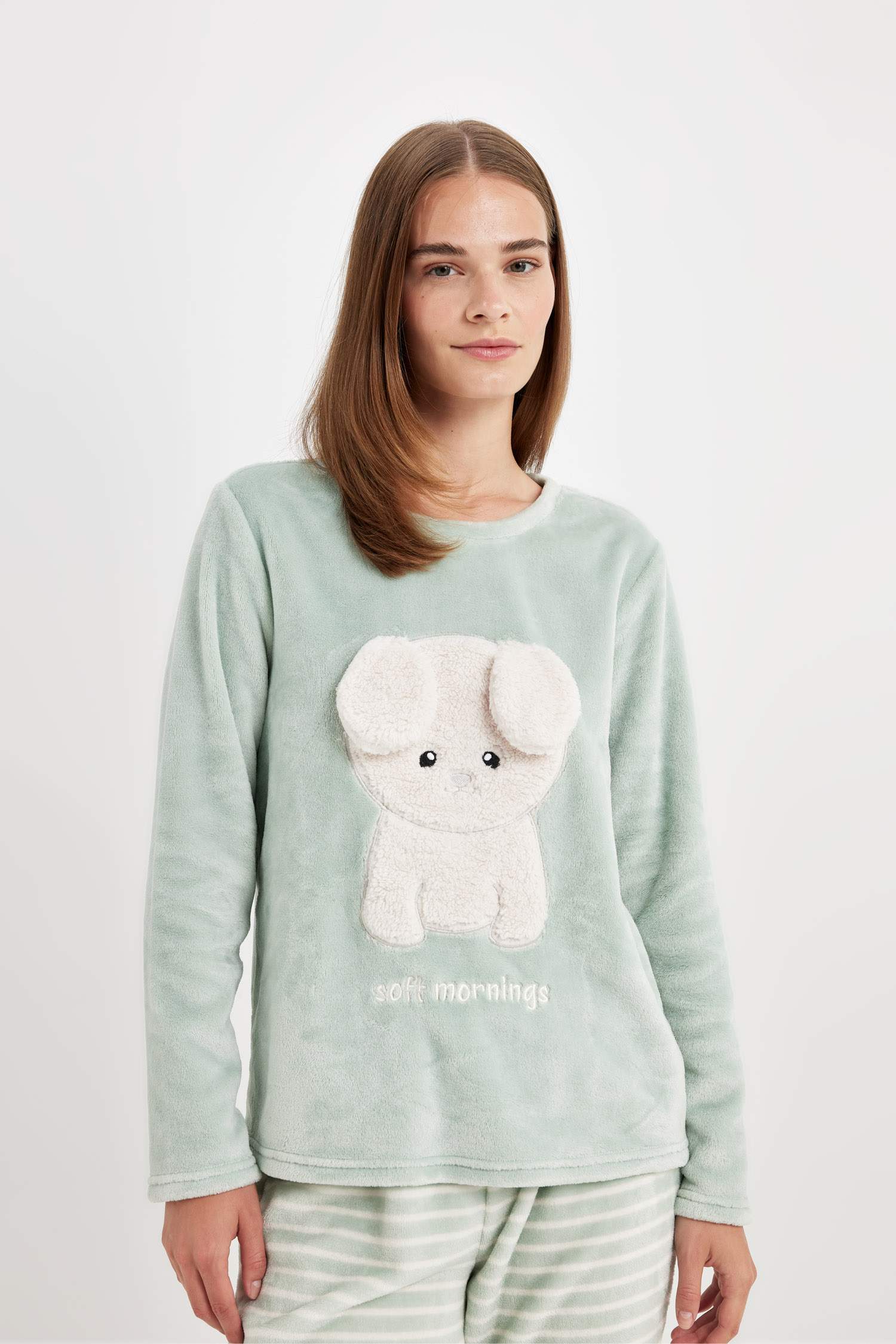 Fall in Love Pijama Takım Welsoft Pelüş Baskılı Bisiklet Yaka Uzun Kollu Üst Çizgili Beli Lastikli Alt