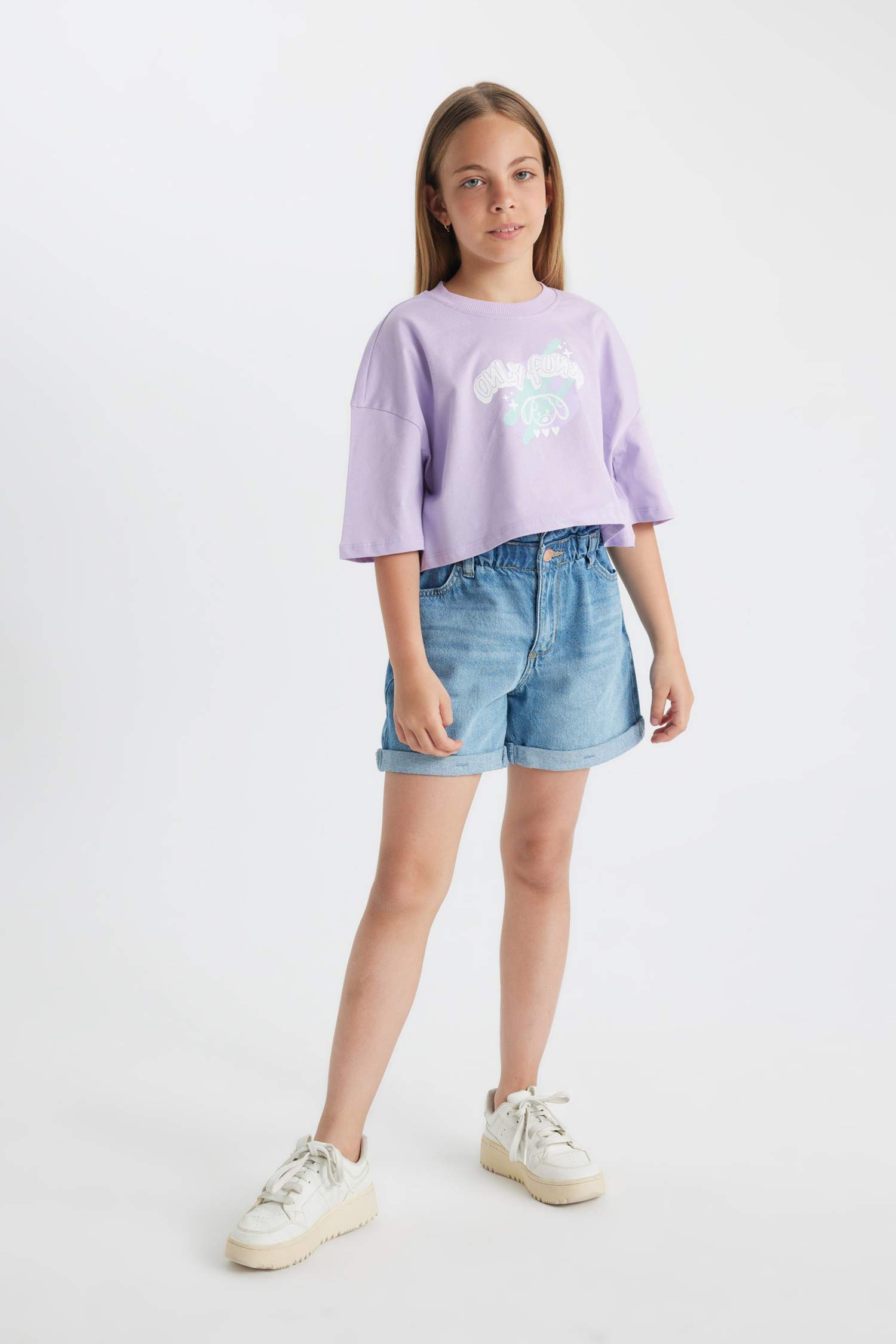 Kız Çocuk Bisiklet Yaka Crop Karanlıkta Parlayan Baskılı Kısa Kollu Tişört