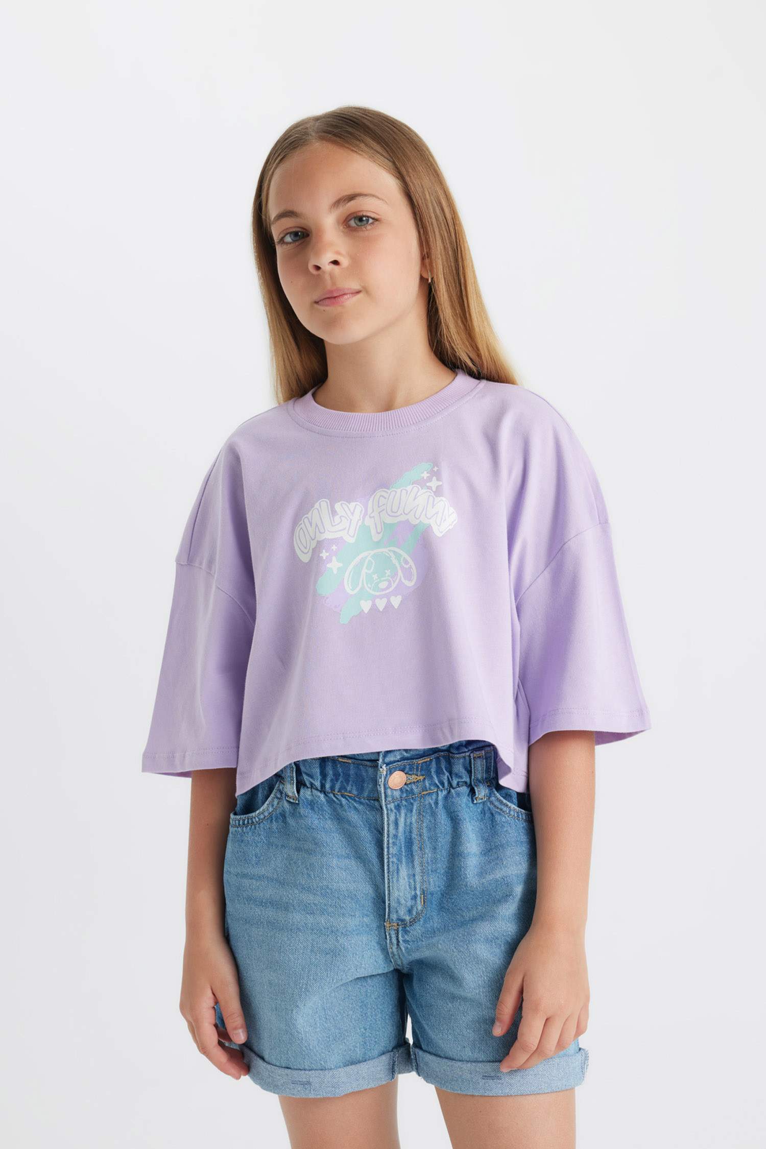 Kız Çocuk Bisiklet Yaka Crop Karanlıkta Parlayan Baskılı Kısa Kollu Tişört