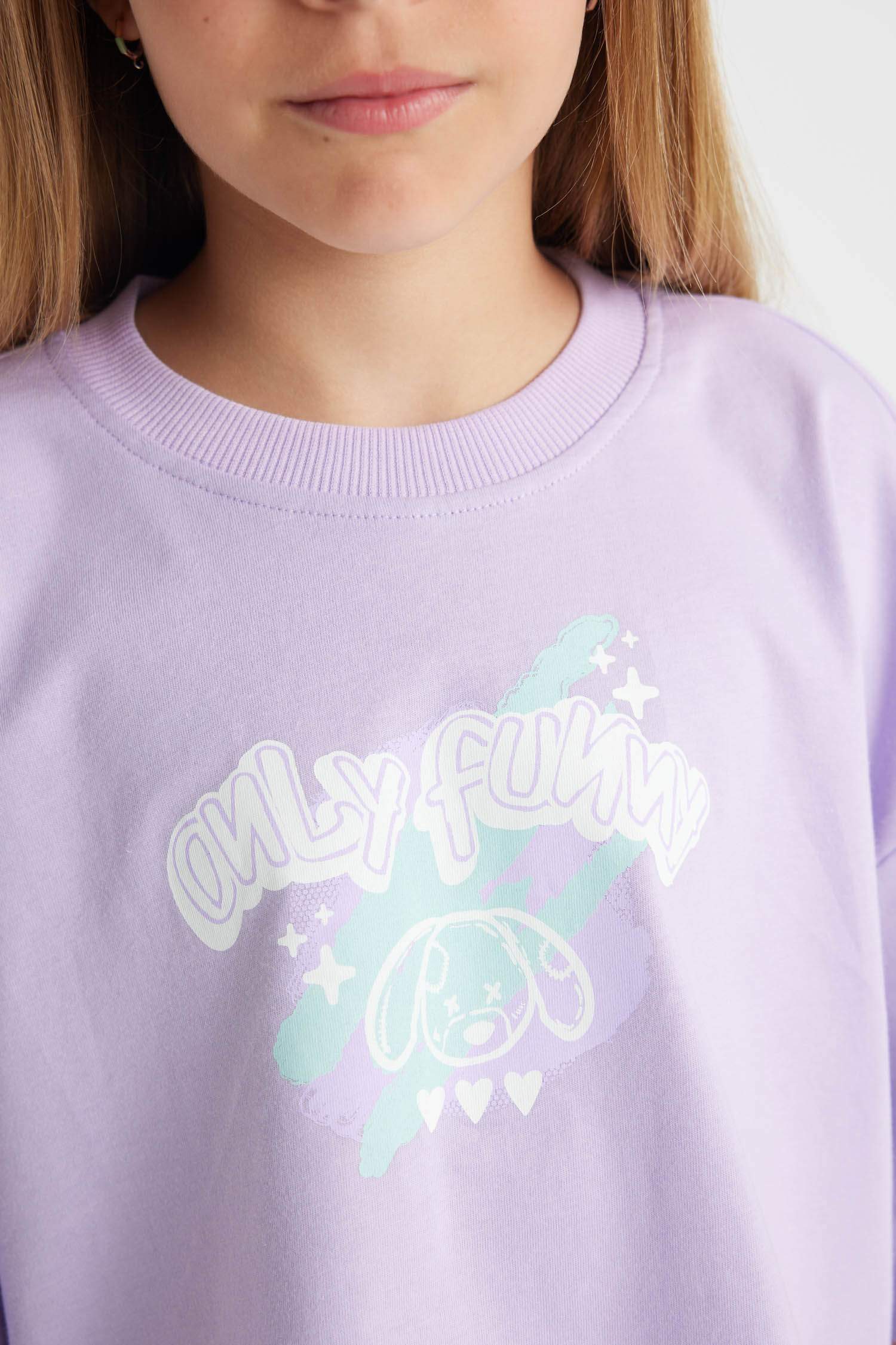 Kız Çocuk Bisiklet Yaka Crop Karanlıkta Parlayan Baskılı Kısa Kollu Tişört