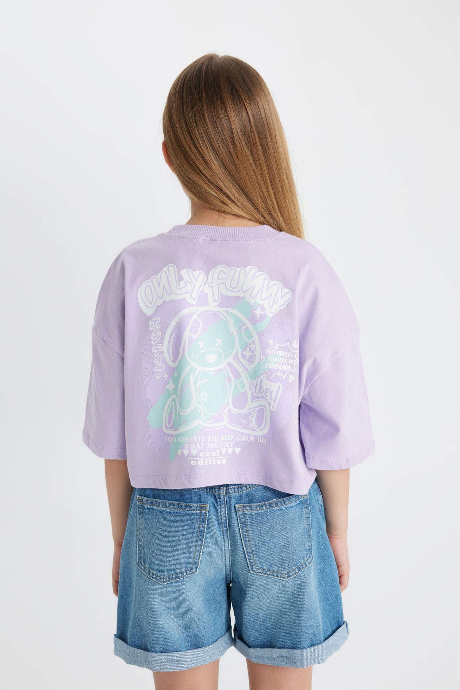 Kız Çocuk Bisiklet Yaka Crop Karanlıkta Parlayan Baskılı Kısa Kollu Tişört