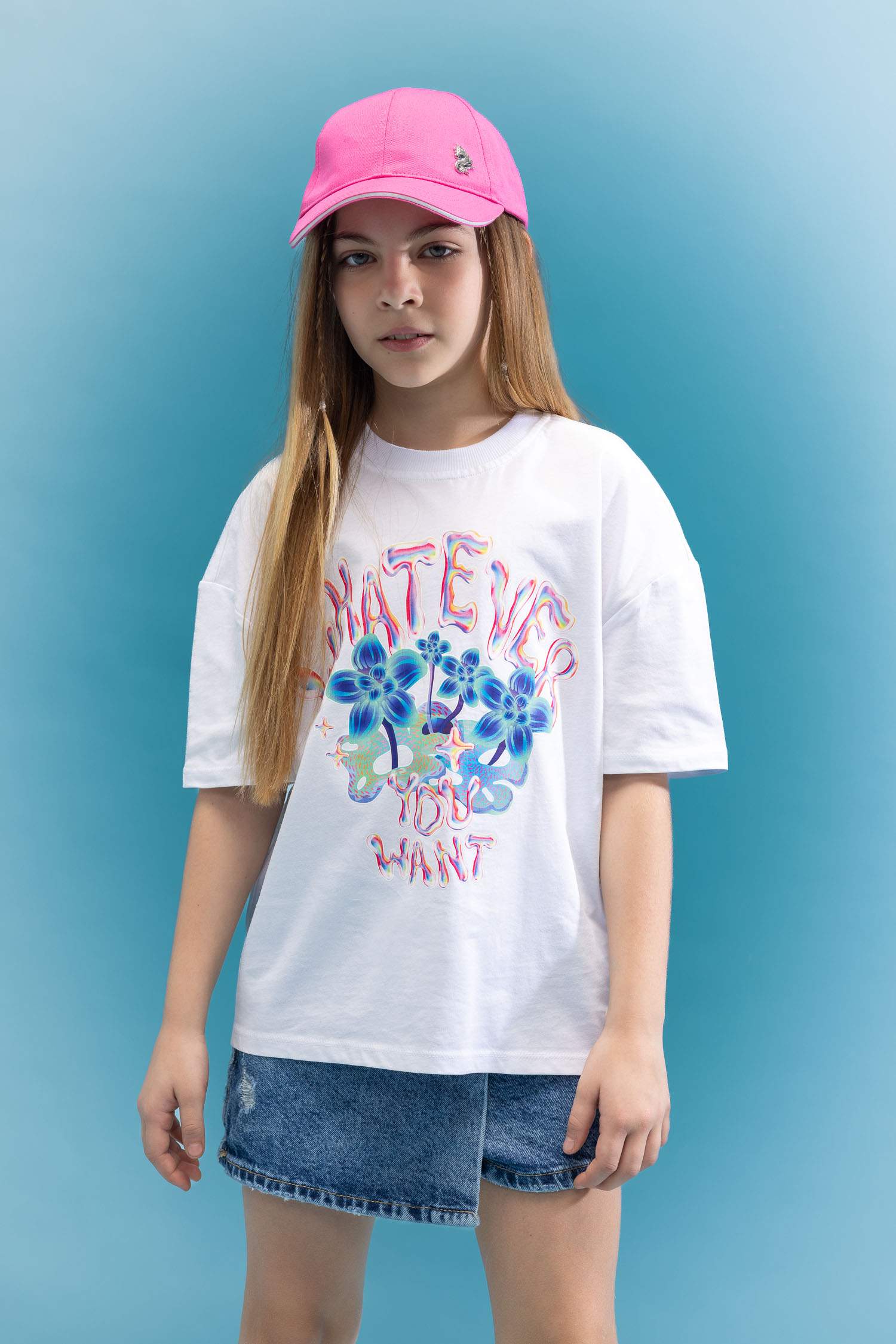 Girl Oversize Fit Crew Neck 3D Printed T-Shirt