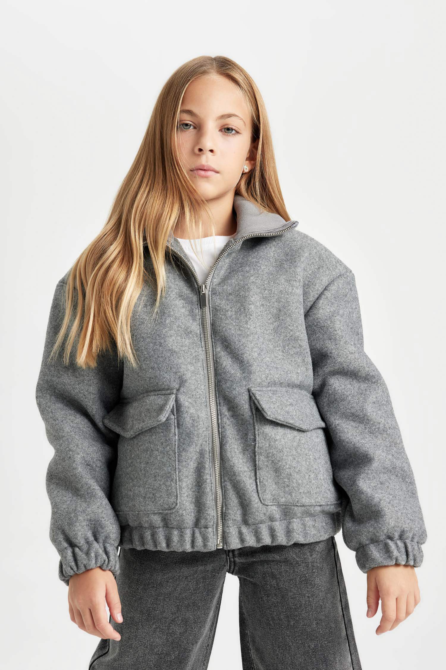 Kız Çocuk Rüzgar Geçirmez Dik Yaka Fermuarlı Çift Cepli Lastikli Kaşe Mont