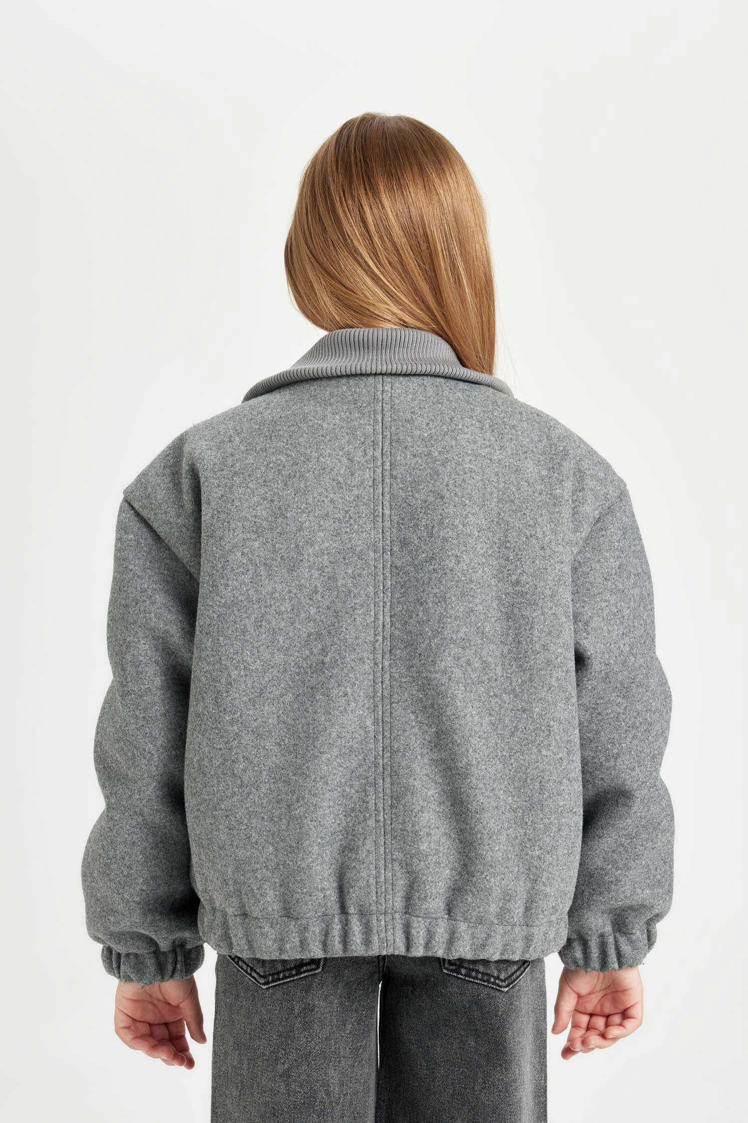 Kız Çocuk Rüzgar Geçirmez Dik Yaka Fermuarlı Çift Cepli Lastikli Kaşe Mont