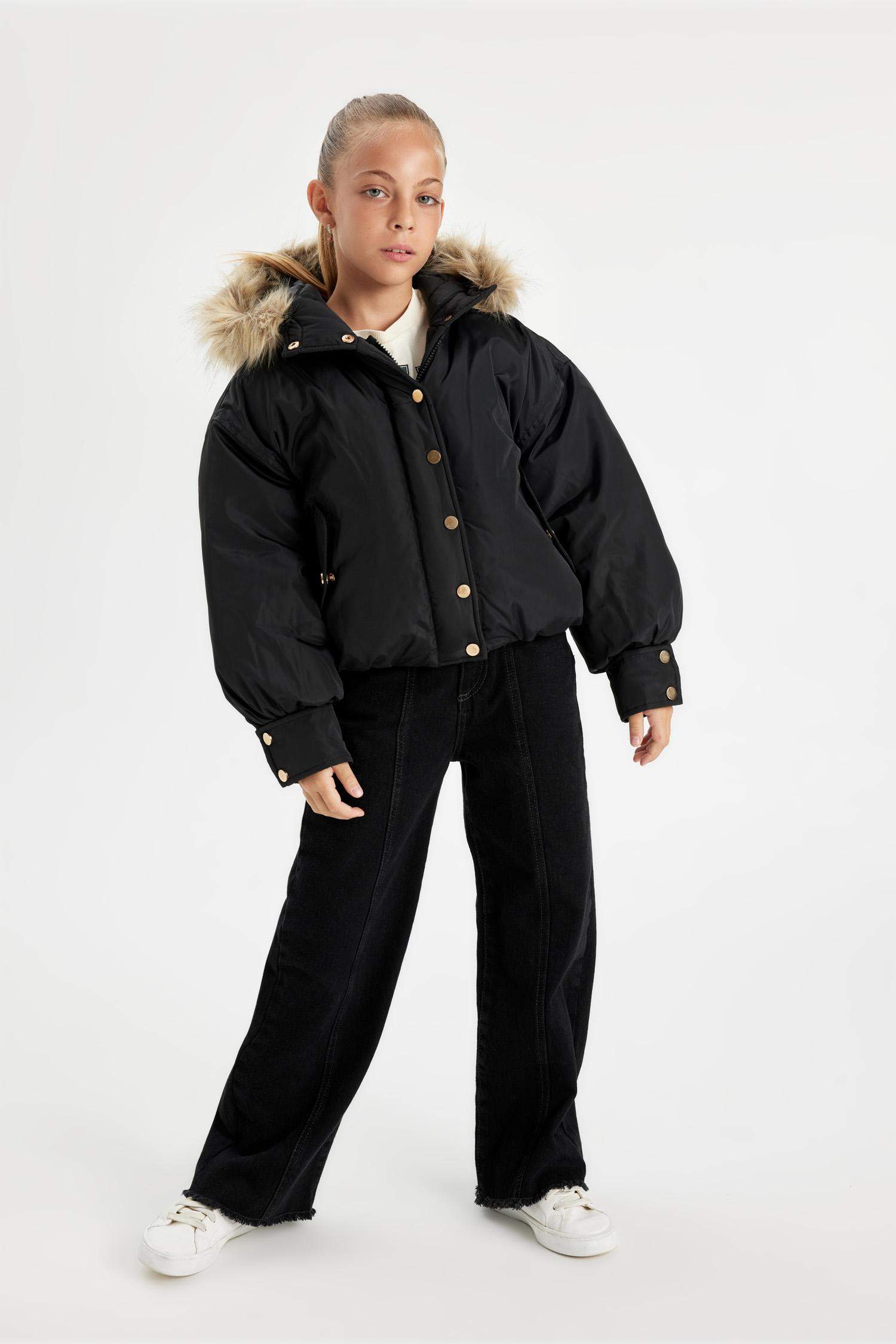 Kız Çocuk Kapüşonlu Çıtçıtlı Fermuarlı Cepli Mont