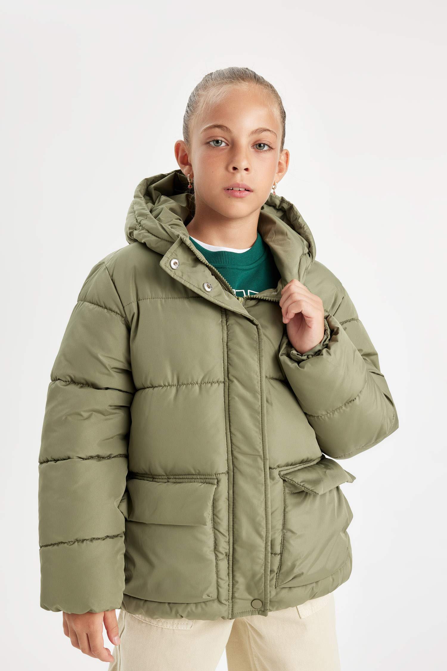 Kız Çocuk Su Geçirmez Şişme Mont Kapüşonlu Polar Astarlı Fermuarlı Cepli