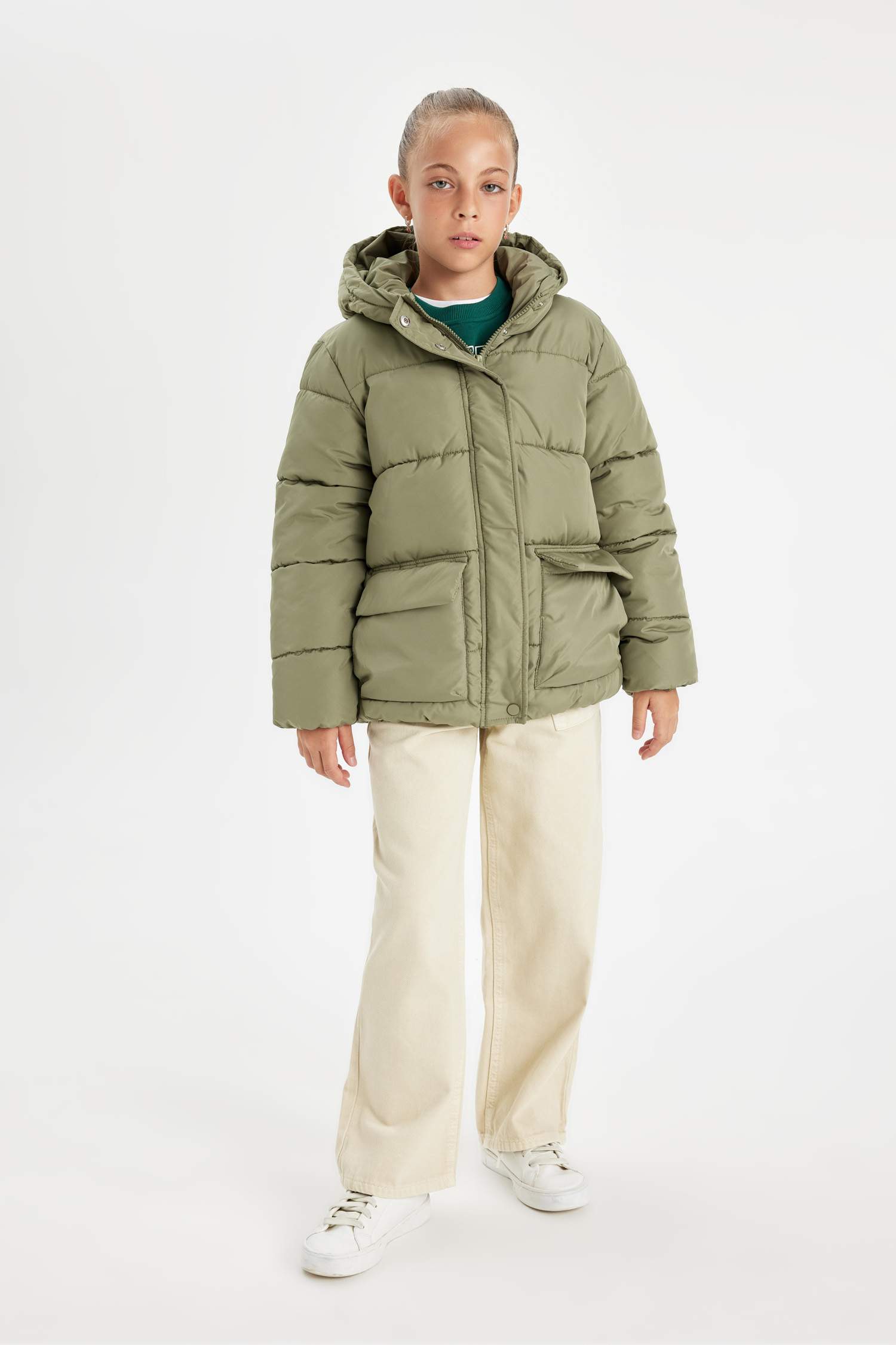 Kız Çocuk Su Geçirmez Şişme Mont Kapüşonlu Polar Astarlı Fermuarlı Cepli