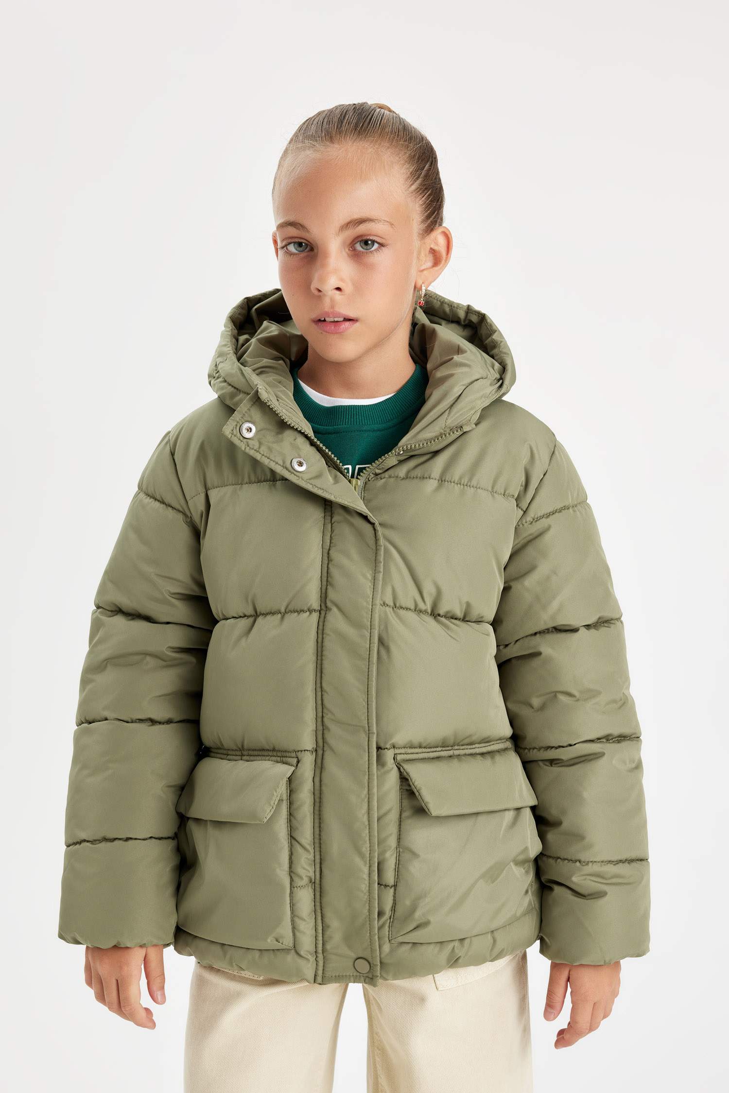 Kız Çocuk Su Geçirmez Şişme Mont Kapüşonlu Polar Astarlı Fermuarlı Cepli