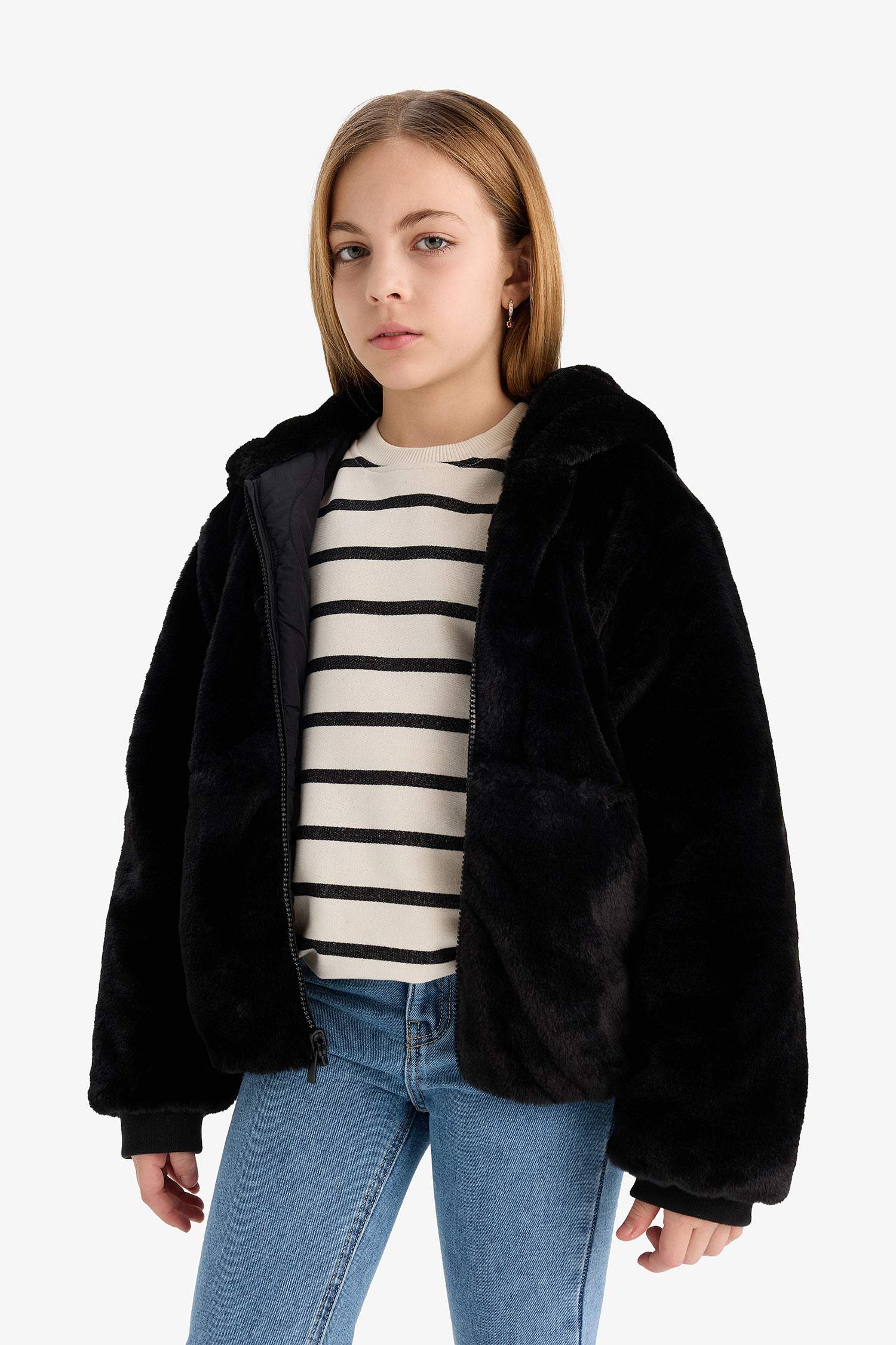 Kız Çocuk Çift Taraflı Fermuarlı Kapüşonlu Pelüş Mont