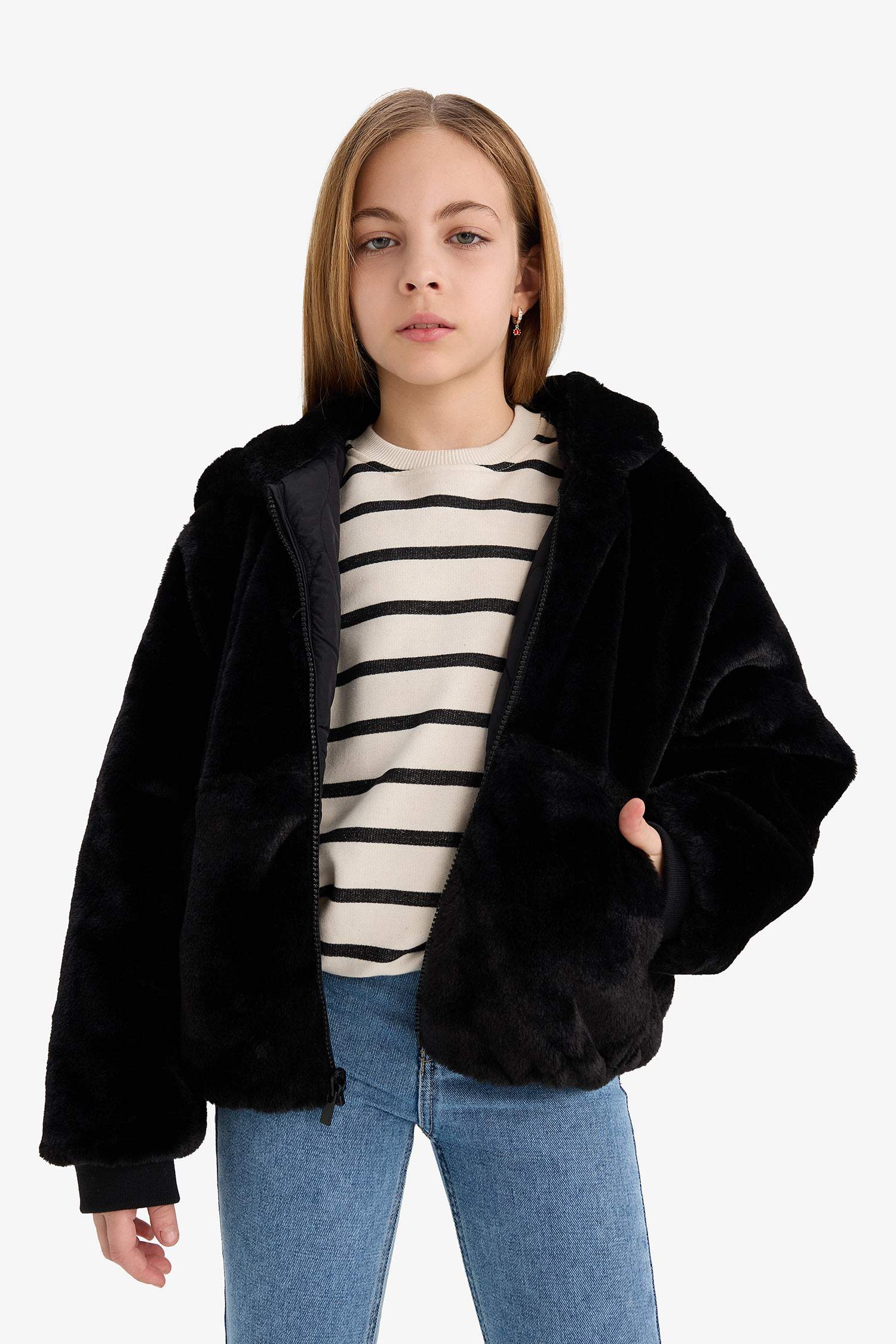 Kız Çocuk Çift Taraflı Fermuarlı Kapüşonlu Pelüş Mont