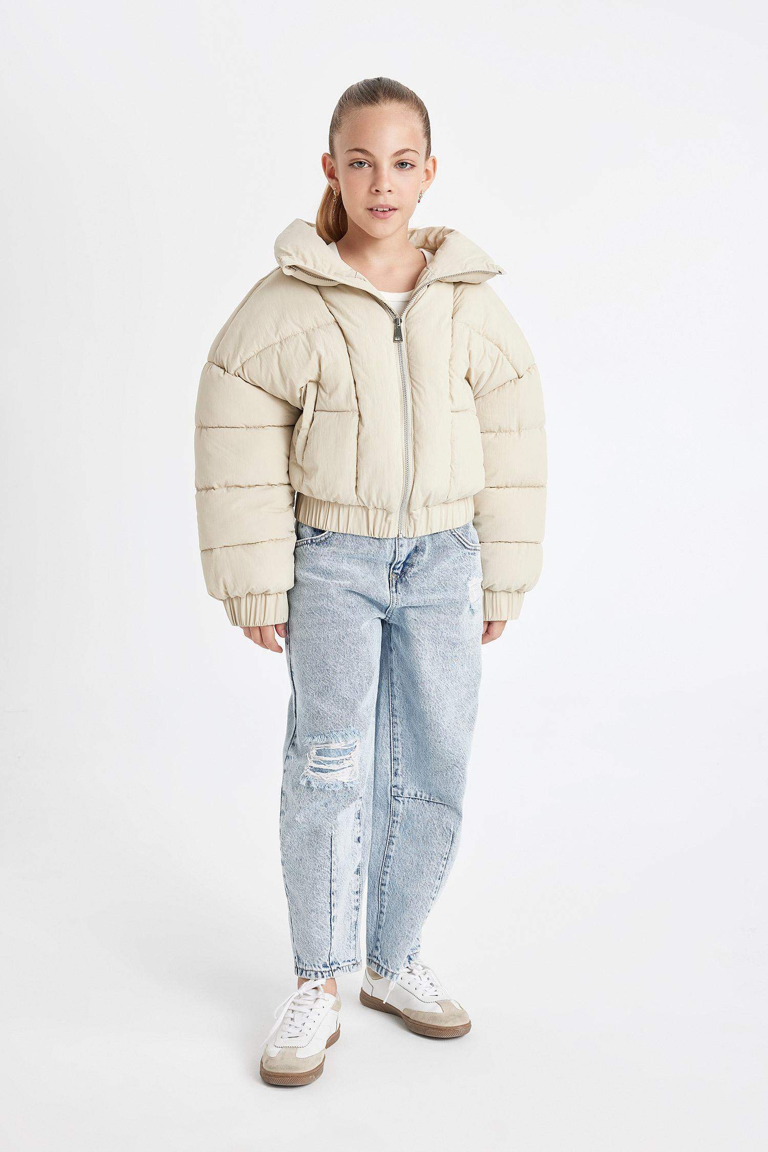 Kız Çocuk Okul Su Geçirmez Geniş Dik Yaka Şişme Mont