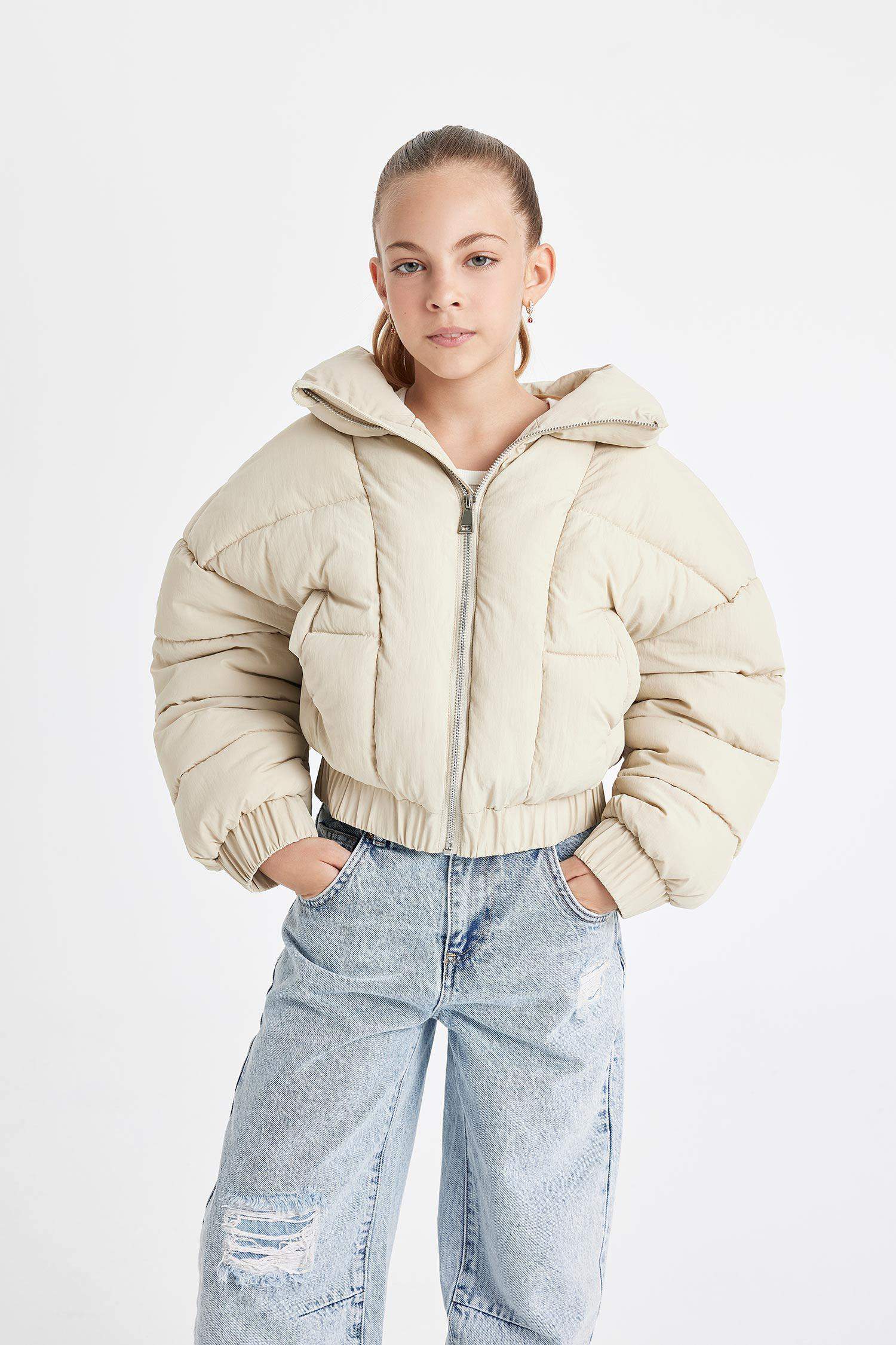 Kız Çocuk Okul Su Geçirmez Geniş Dik Yaka Şişme Mont