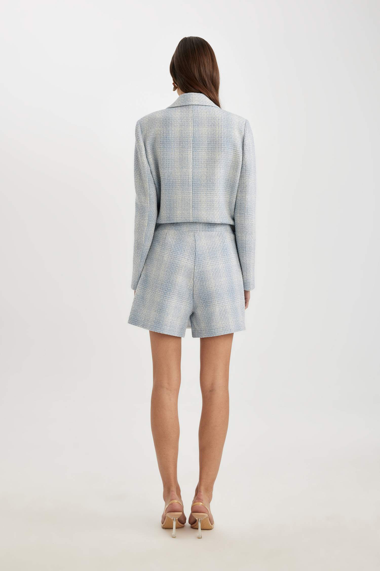 Yüksek Bel Kareli Tweed Mini Şort Etek