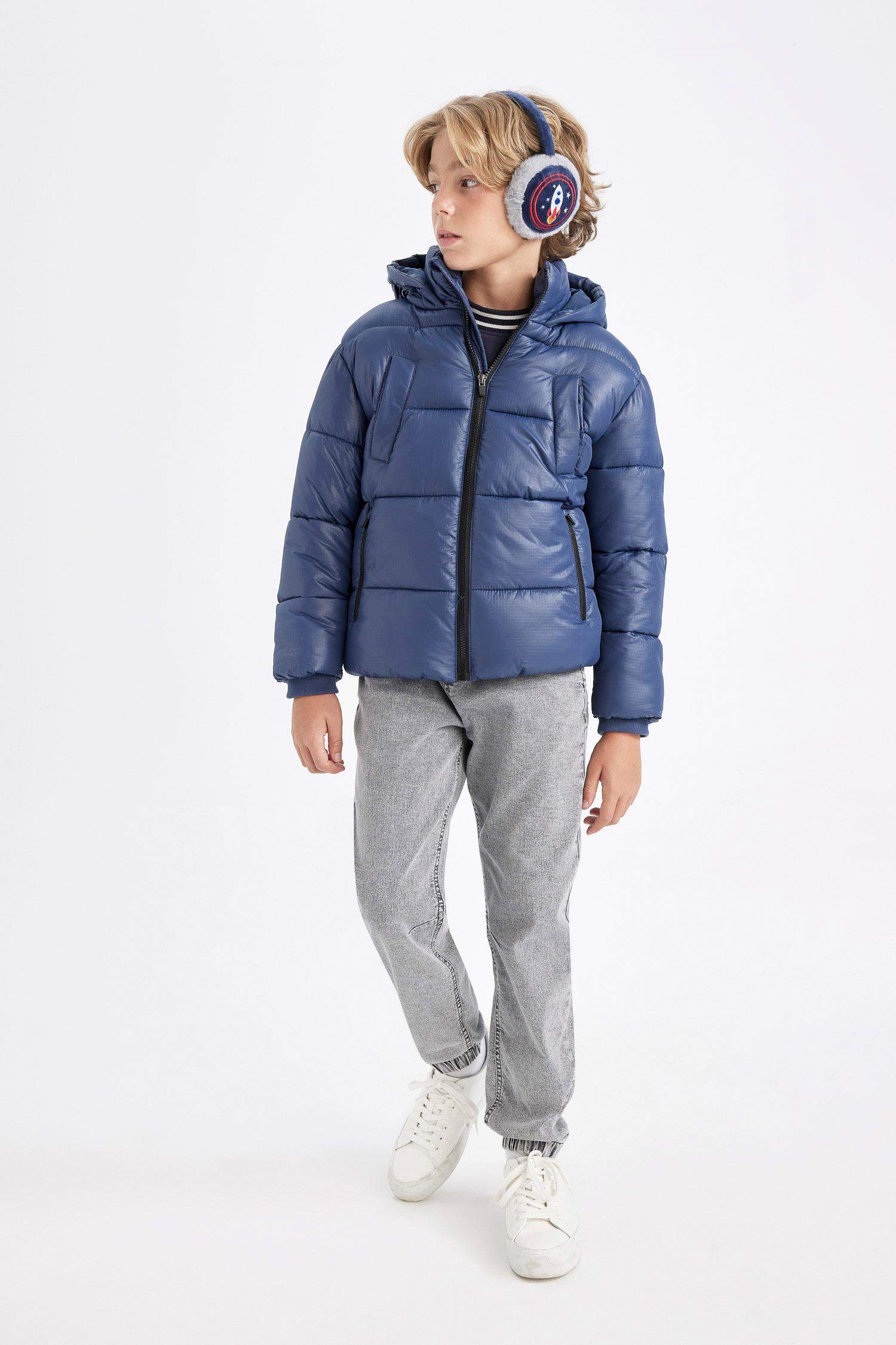 Boy Waterproof Hooded Zippered Pocketed Puffer Jacket