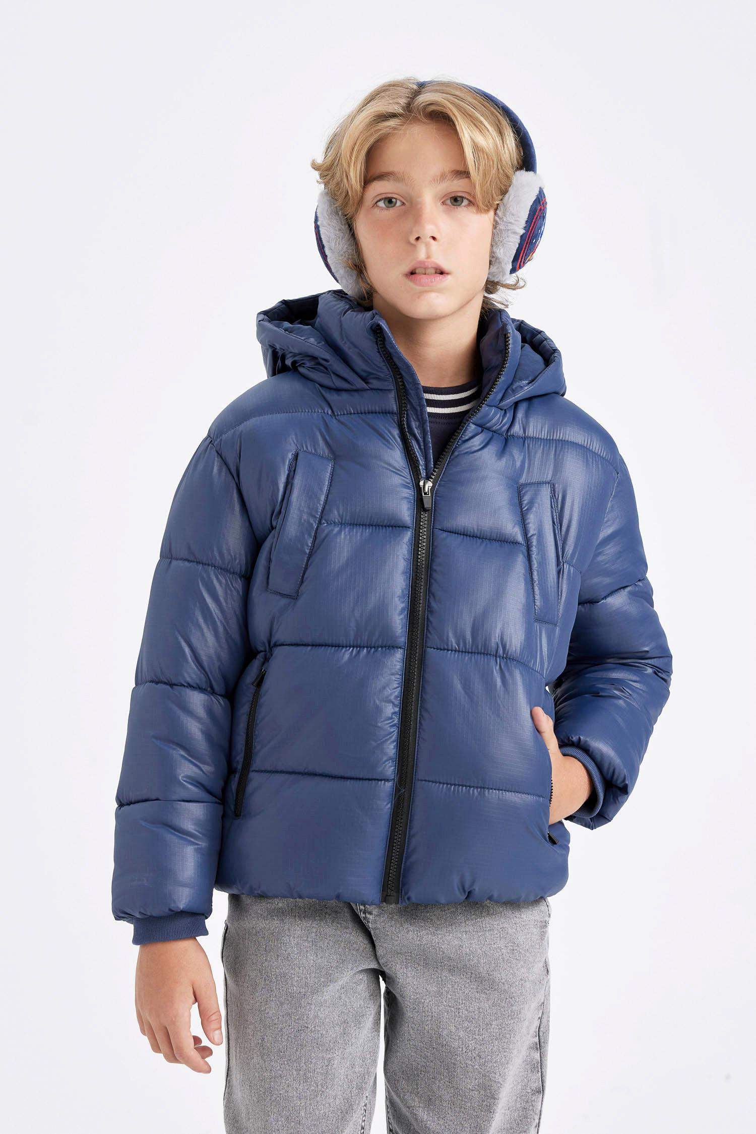 Boy Waterproof Hooded Zippered Pocketed Puffer Jacket