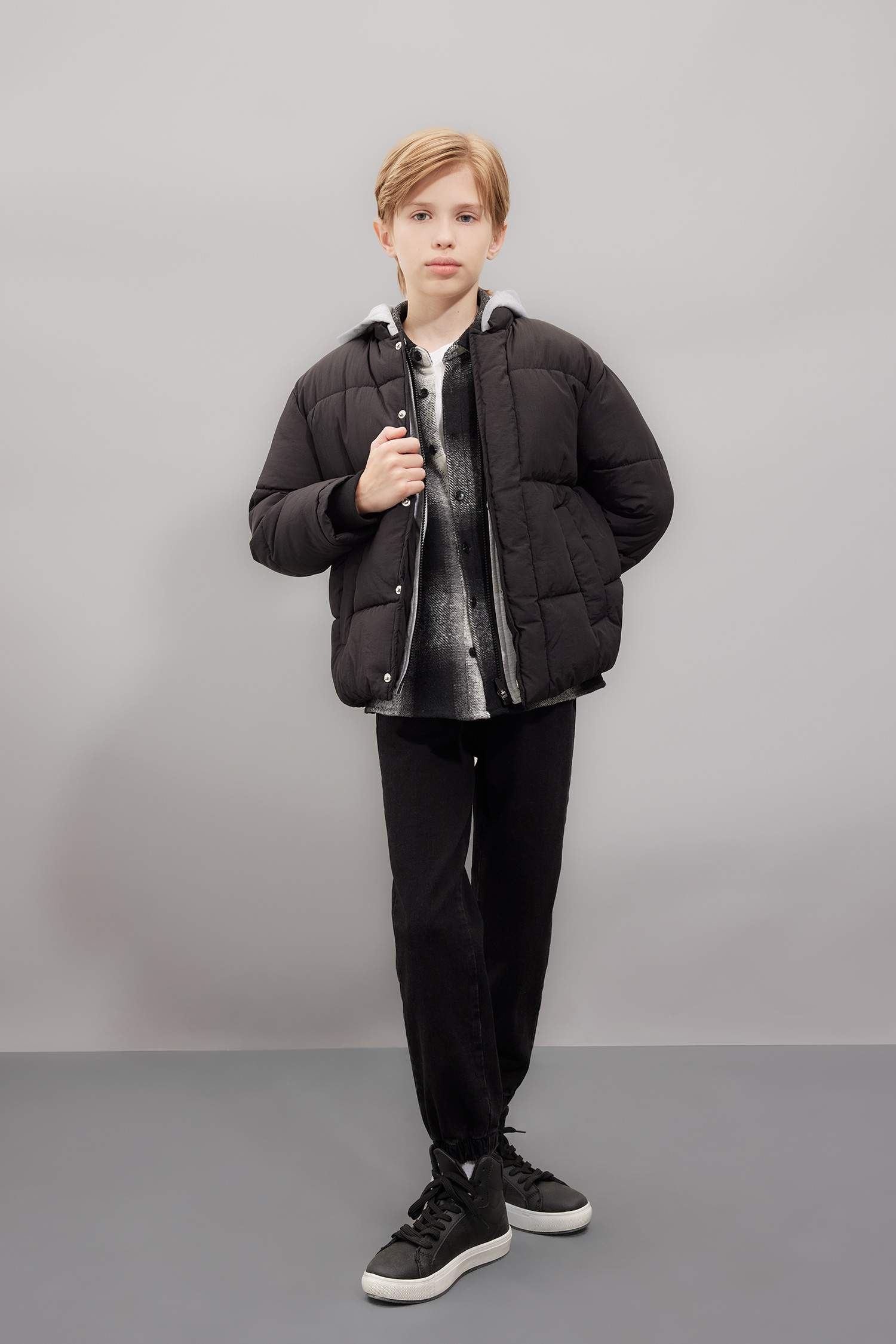 Erkek Çocuk Su Geçirmez Çıkarılabilir Kapüşonlu Fermuarlı Çıtçıtlı Cepli Şişme Mont