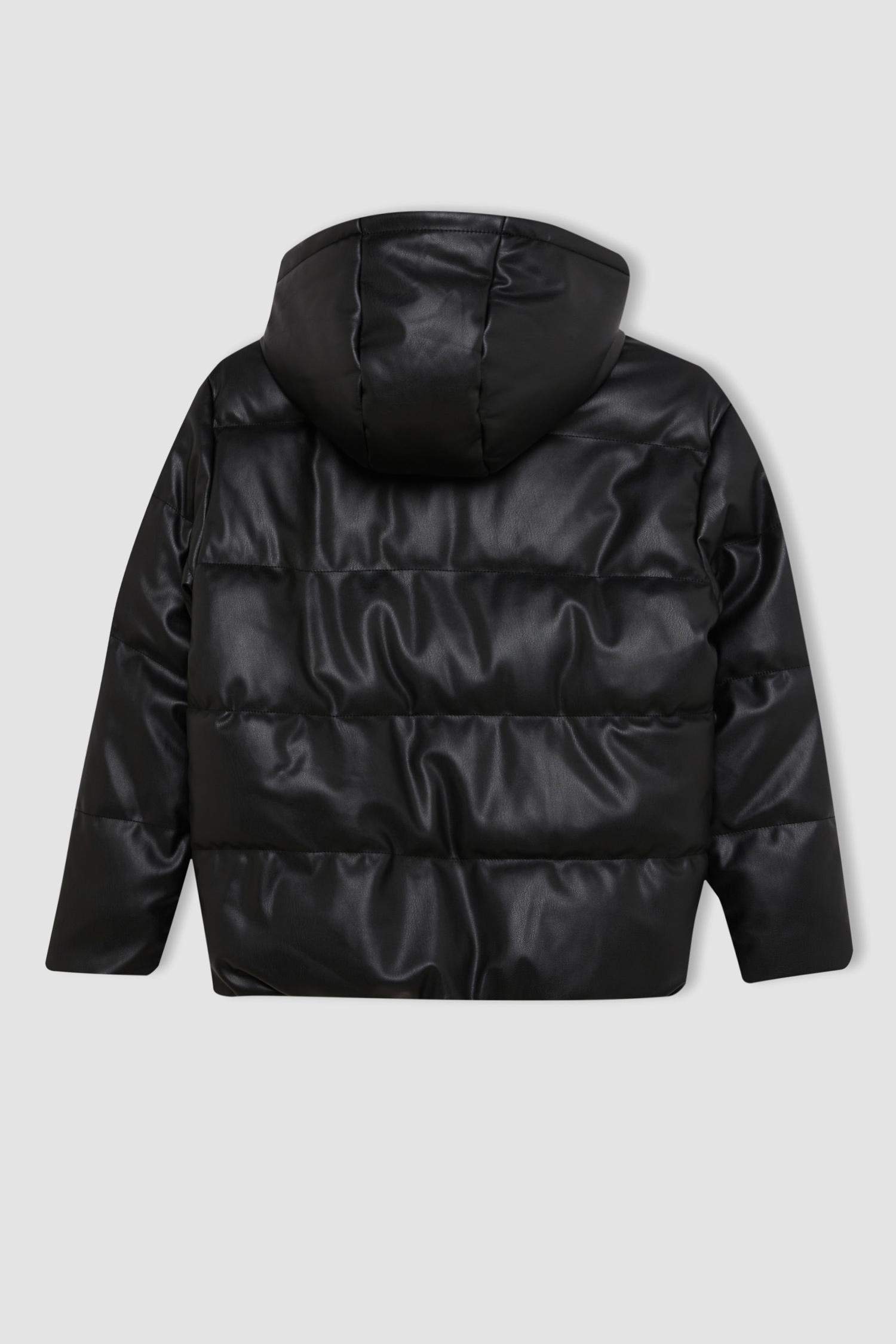 Erkek Çocuk Su Geçirmez Kapüşonlu Çıtçıt Fermuarlı Cepli Suni Deri Mont