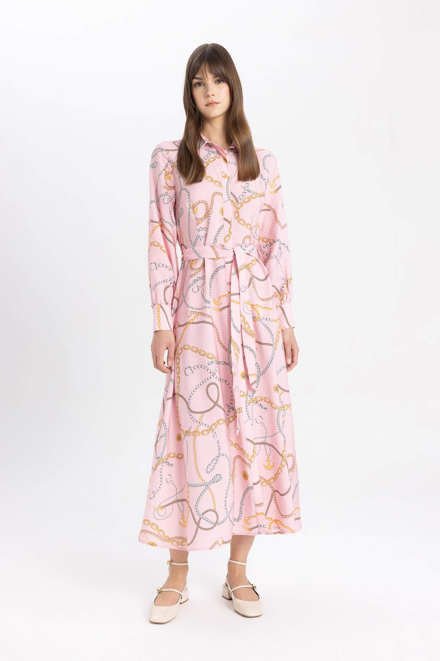 Robe Tissée à Manches Longues imprimé avec Col de Chemise