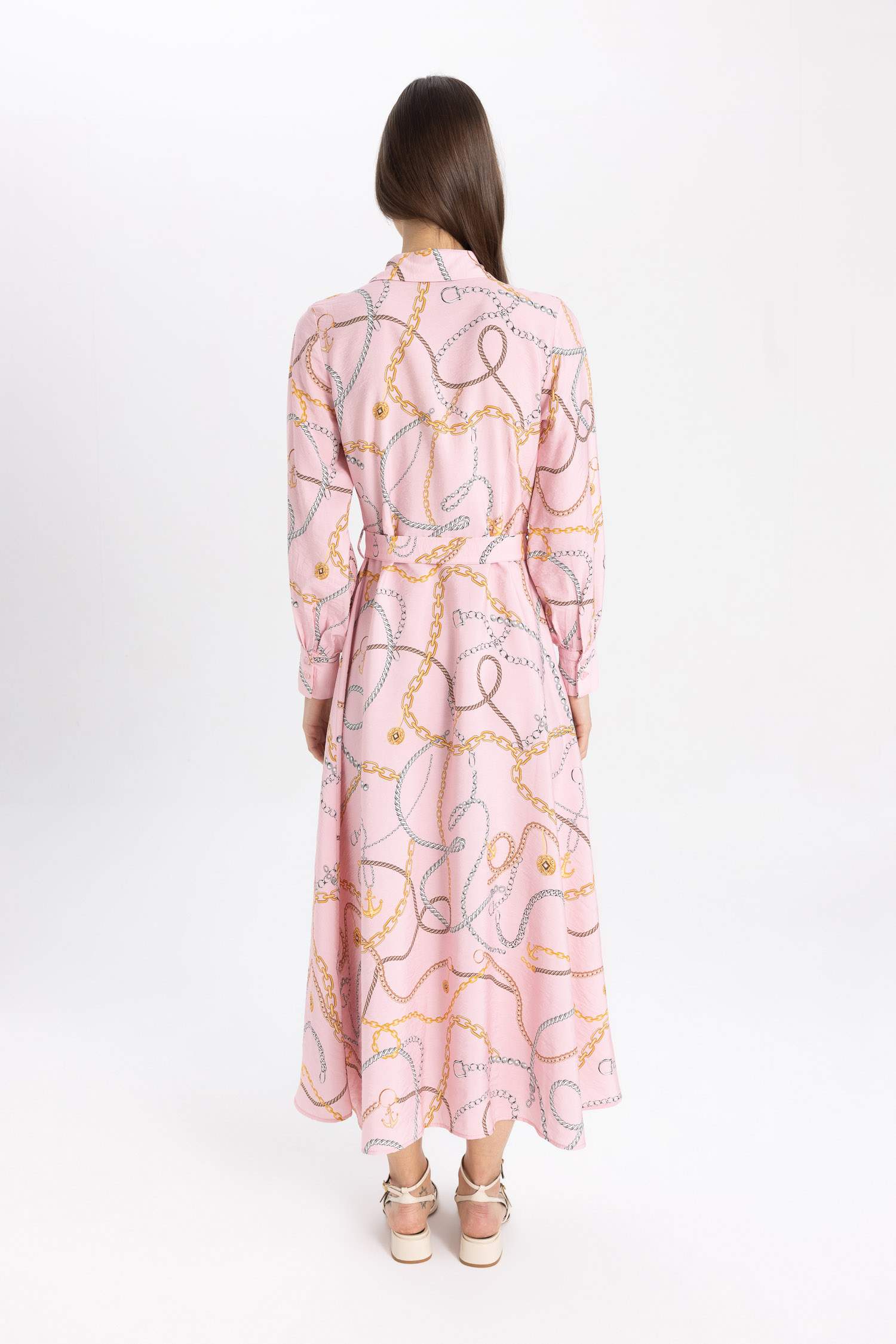 Shirt Collar Patterned Long Sleeve Basic Dress