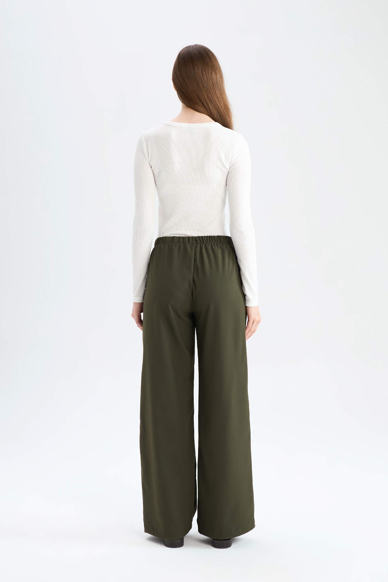 Wide Leg Geniş Paça Beli Lastikli Bağcıklı Basic Düz Palazzo Pantolon