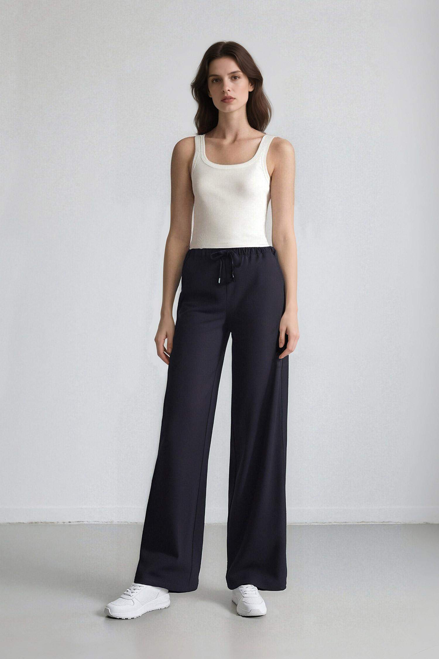 Wide Leg Geniş Paça Beli Lastikli Bağcıklı Basic Düz Palazzo Pantolon