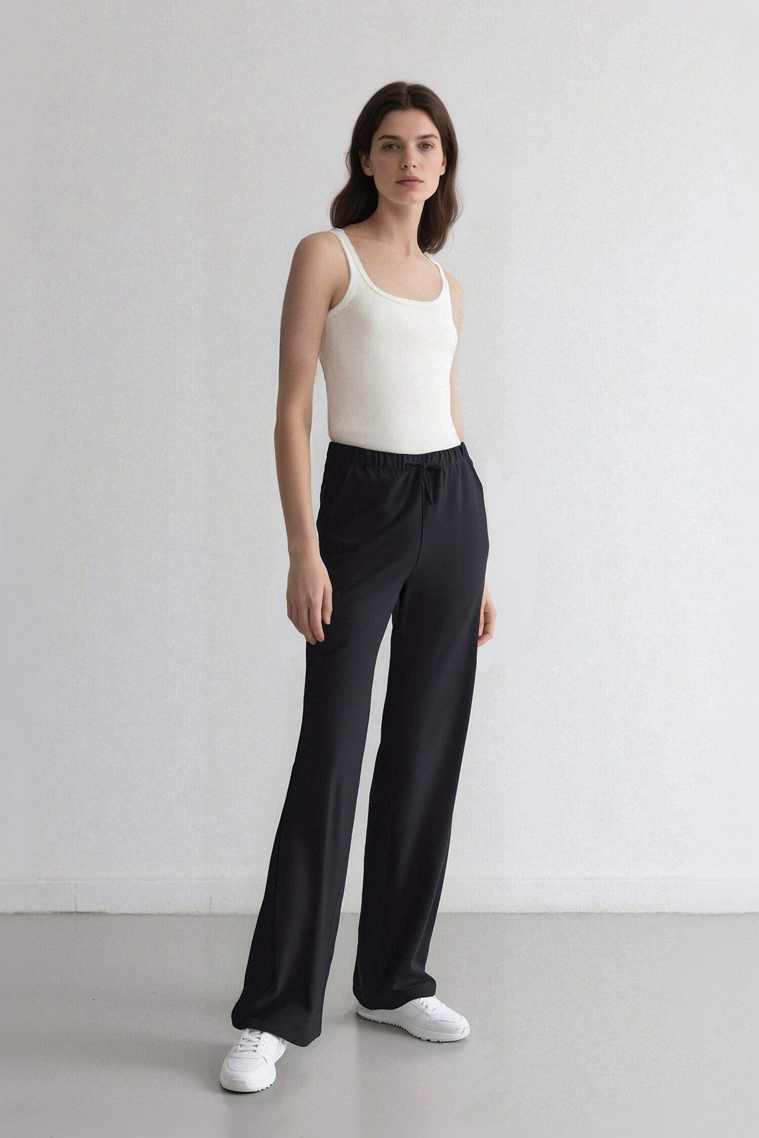 Wide Leg Geniş Paça Beli Lastikli Bağcıklı Basic Düz Palazzo Pantolon