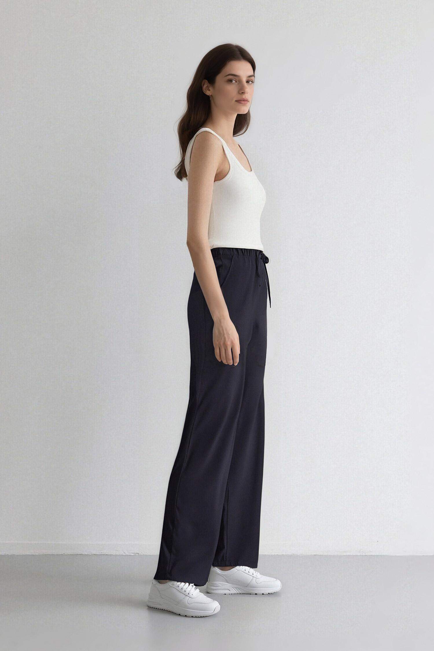 Wide Leg Geniş Paça Beli Lastikli Bağcıklı Basic Düz Palazzo Pantolon