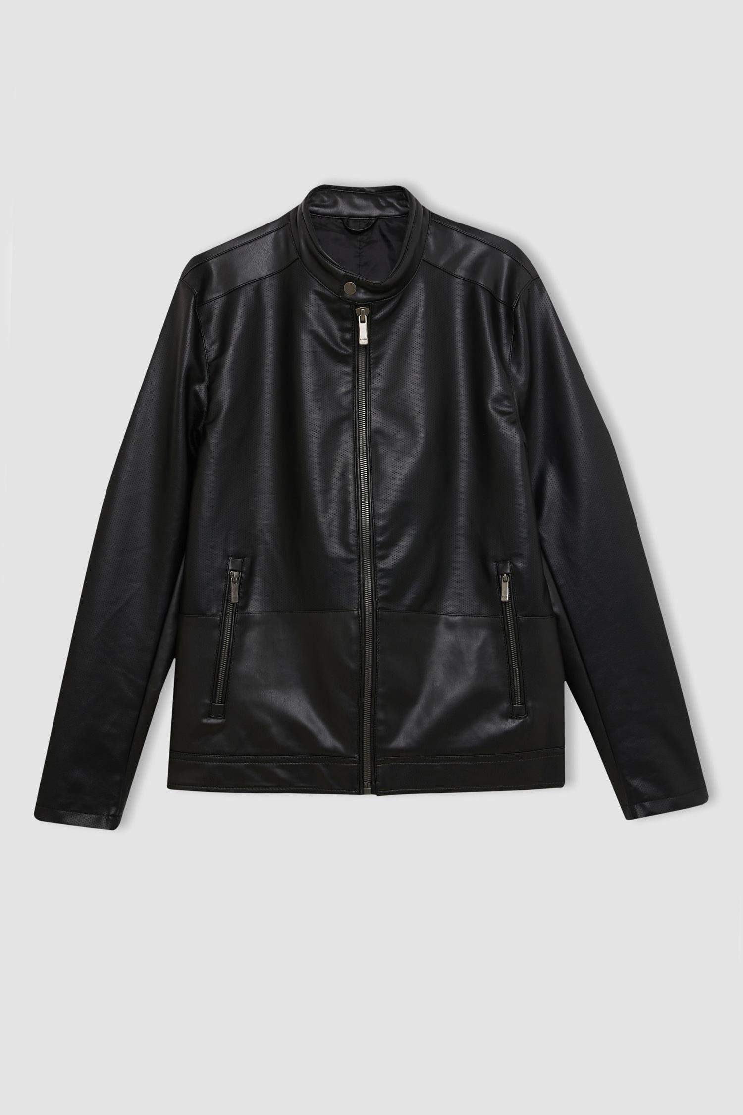 Siyah Slim Fit Dar Kesim Dik Yaka Fermuarlı Astarlı Mevsimlik Hafif İnce Suni Deri Mont Ceket