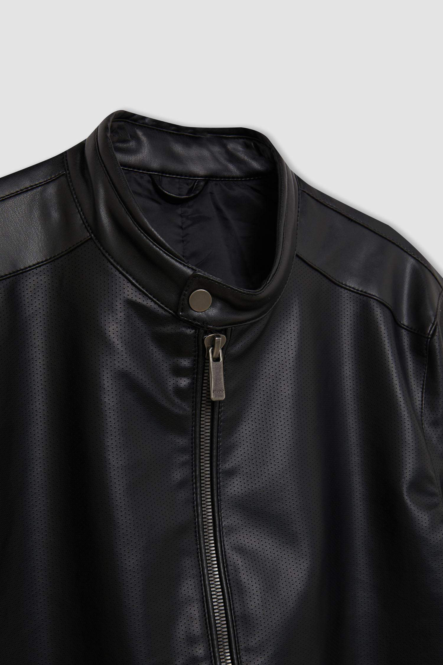 Siyah Slim Fit Dar Kesim Dik Yaka Fermuarlı Astarlı Mevsimlik Hafif İnce Suni Deri Mont Ceket