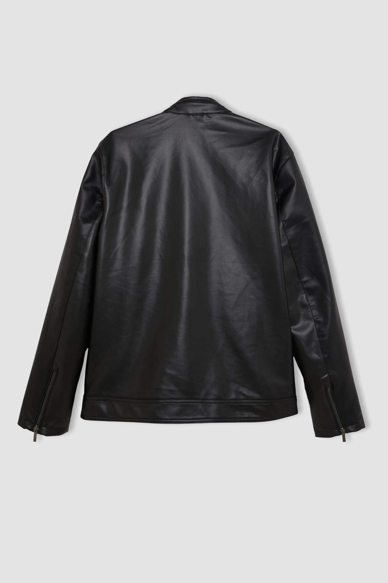 Siyah Slim Fit Dar Kesim Dik Yaka Fermuarlı Astarlı Mevsimlik Hafif İnce Suni Deri Mont Ceket