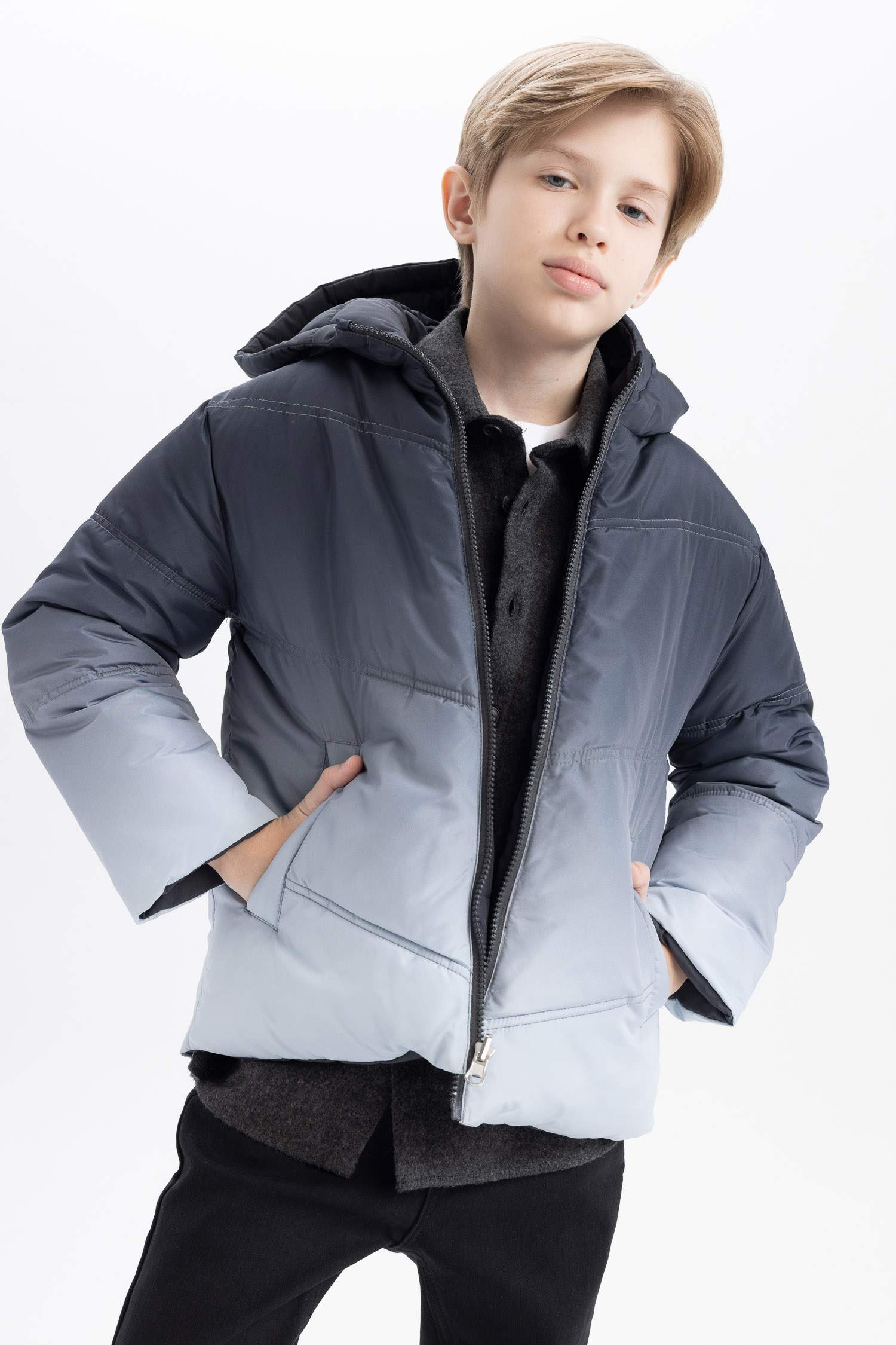 Erkek Çocuk Su Geçirmez Çift Taraflı Kapüşonlu Şişme Mont